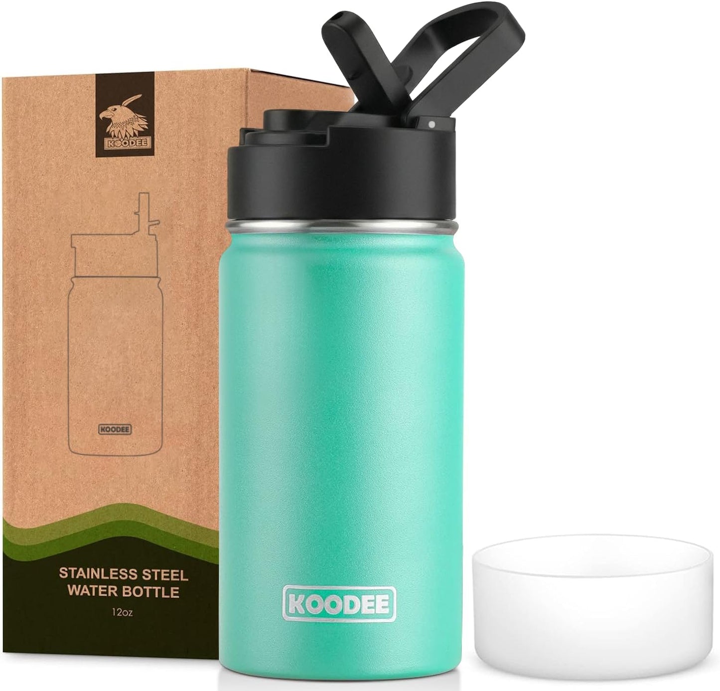koodee Water Bottle-12 oz Stainless Steel Double Wall Vacuum Insulated Water Bottle for School-Wide Mouth Flask with Straw Lid (Teal) BST220
