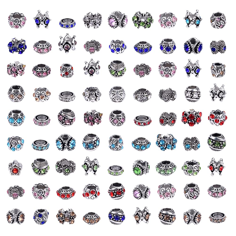 60 Pieces Assorted European Beads with Plating Silver Metal Alloy Rhinestone Large Hole Spacer Beads for DIY Charm Bracelet Jewelry Making (Blue) BST220