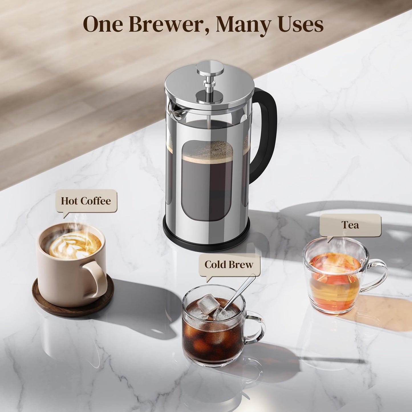Veken French Press Coffee Maker 34oz, No Plastic Touching Cafe,Thickened Glass Stainless Steel Brewer, Cold Brew Cafetera Tea pot for Kitchen Travel Camping, Gifts, Decor, Bar Accessories, Dark Pewter
