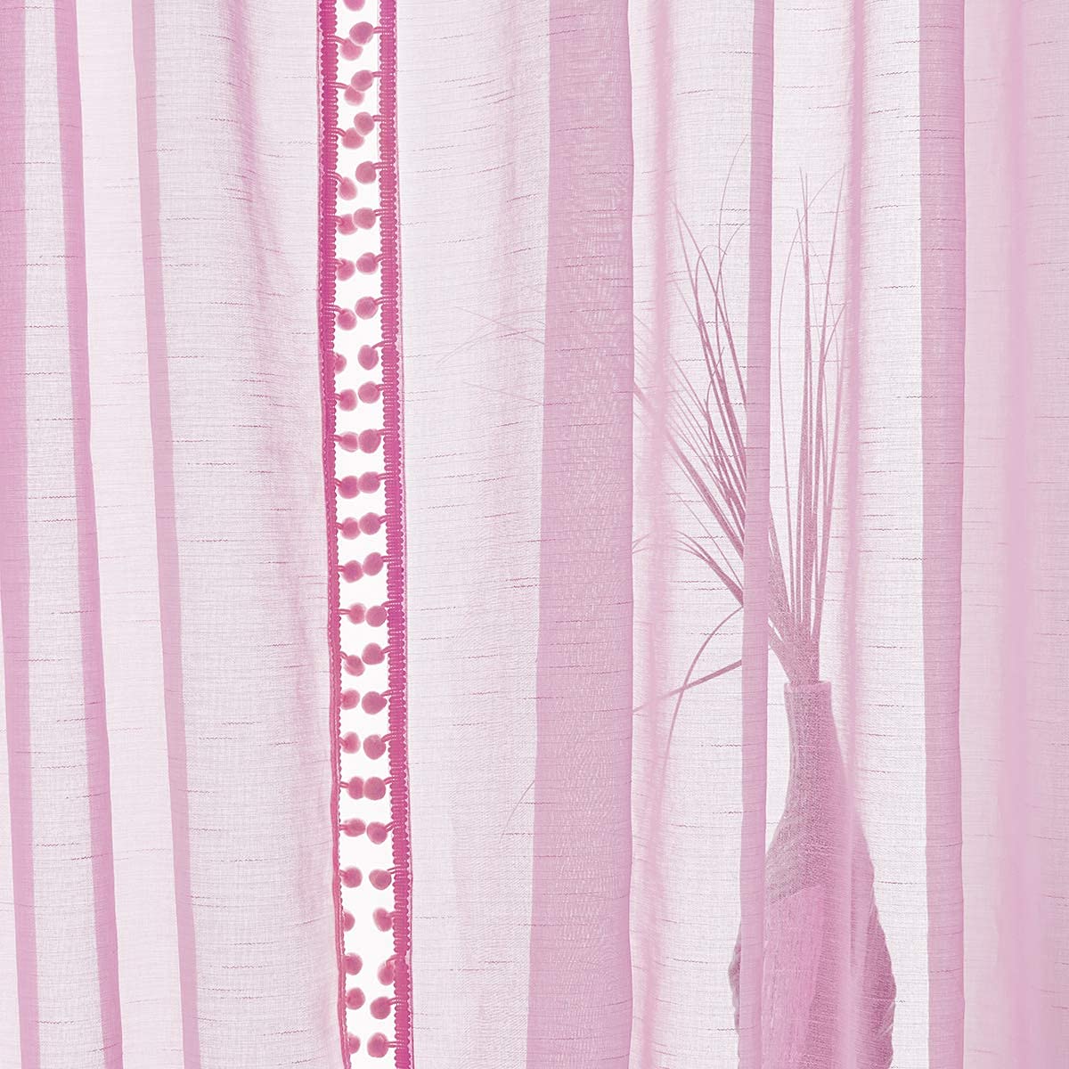 Treatmentex Pom-Pom Grey Sheer Curtains for Bedroom 63" Window Drapes Rod Pocket Textured Sheer Curtain for Kids Room 52" w 2 Panels BST202