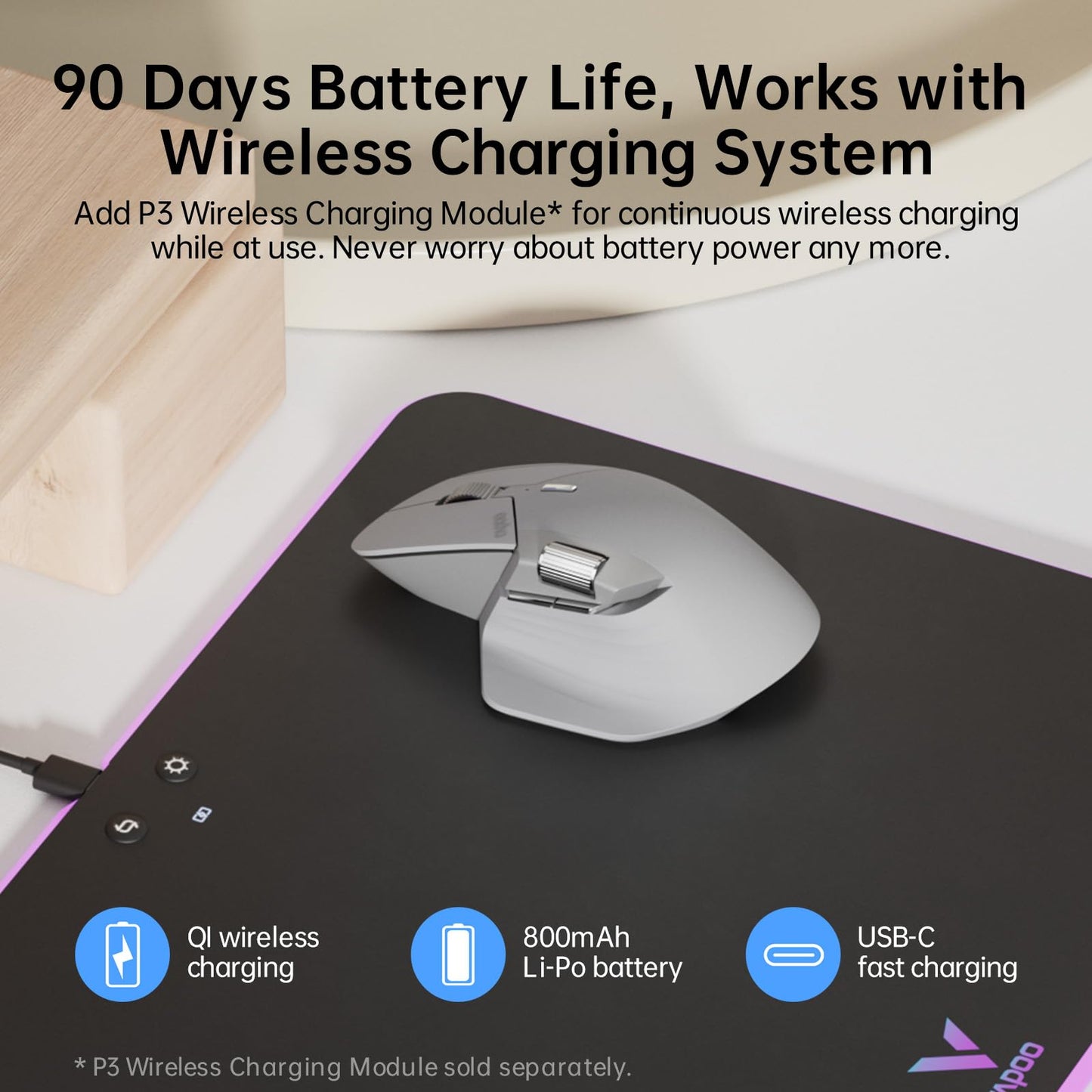 Rapoo MT760 Multi-Device Wireless Mouse, Bluetooth 5.0 and 2.4G Multi-Mode Connection, Up to 4 Devices, 11 Programmable Buttons, 4K DPI, 90 Days Battery Life, PC, Light Grey