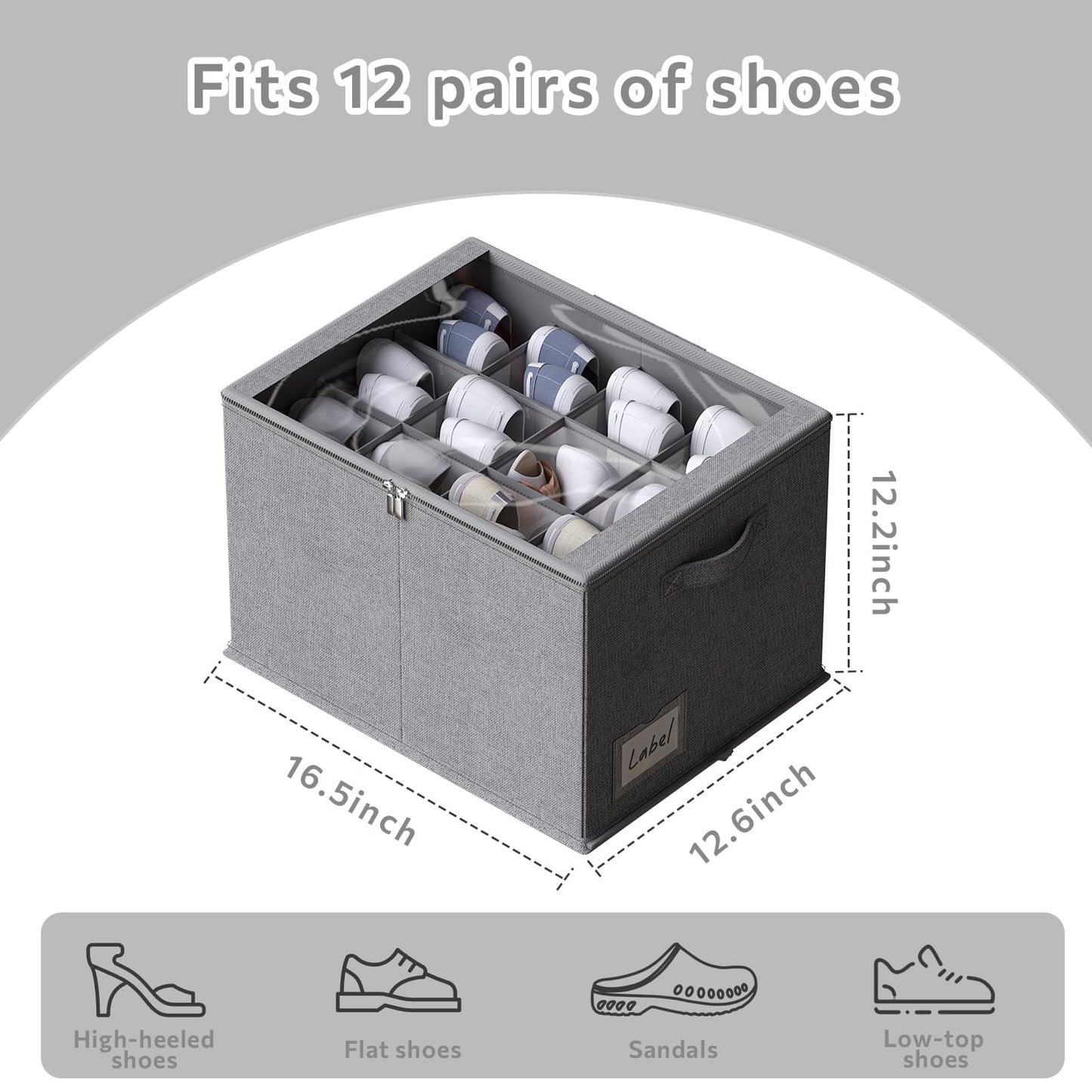 2 Pack Shoe Organizer for Closet - Shoe Storage Bins with Clear Cover, Fabric Shoe Storage Containers with Reinforced Handles, Fits up to 24 Pairs (Black, 16.5 * 12.6 * 12.2in) BST326H