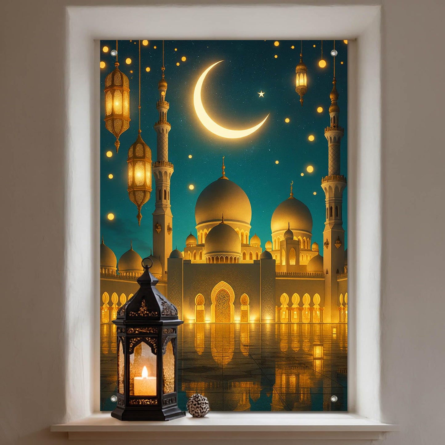 HOMETITUTE Eid Ramadan Window Banner Holiday Curtain Backdrop 31x47 Fabric | Mubarak Cover Festival Screen Windows Banner Hanging Living Room Bedroom Home Crescent Moon Star Pattern Design BST326H