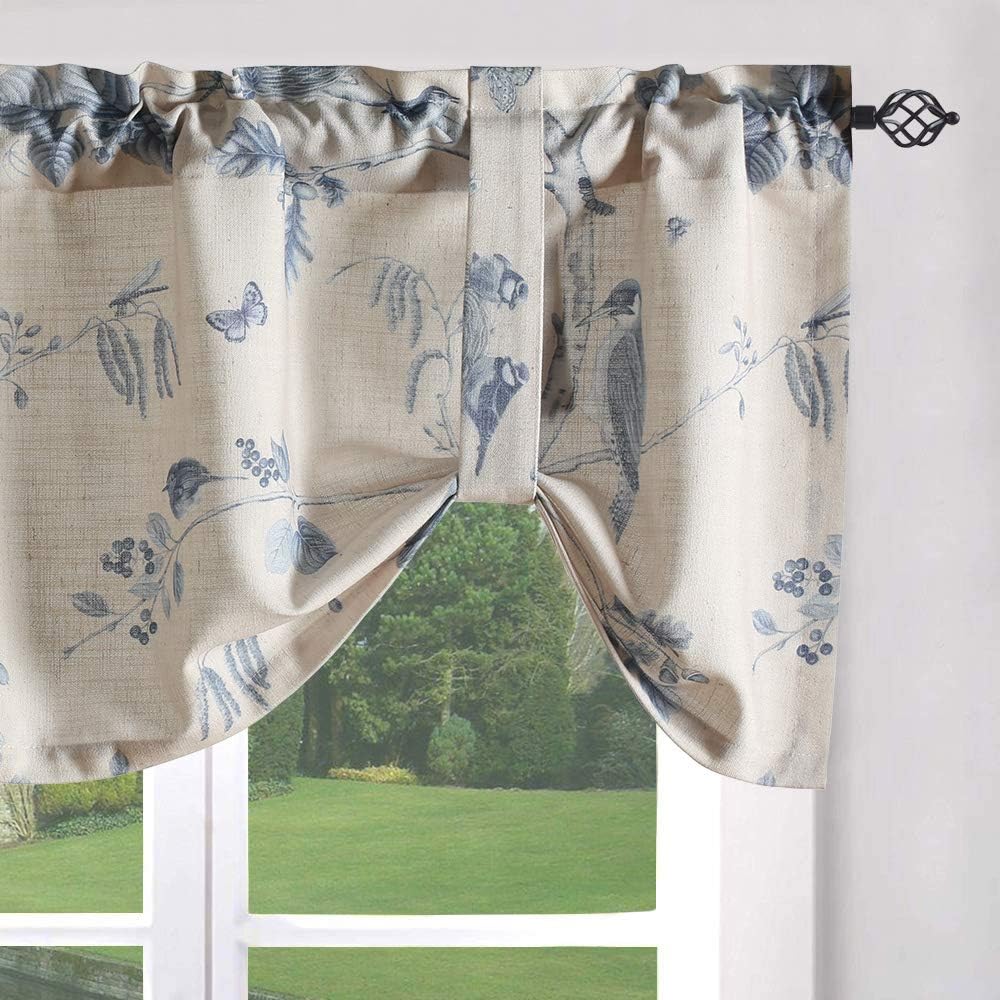 Leeva Tie Up Valance for Windows, Elegant Birds Pattern Light Filtering Window Treatment Valances for Bedroom Kitchen, One Panel, 52 x 18, Light Blue BST220