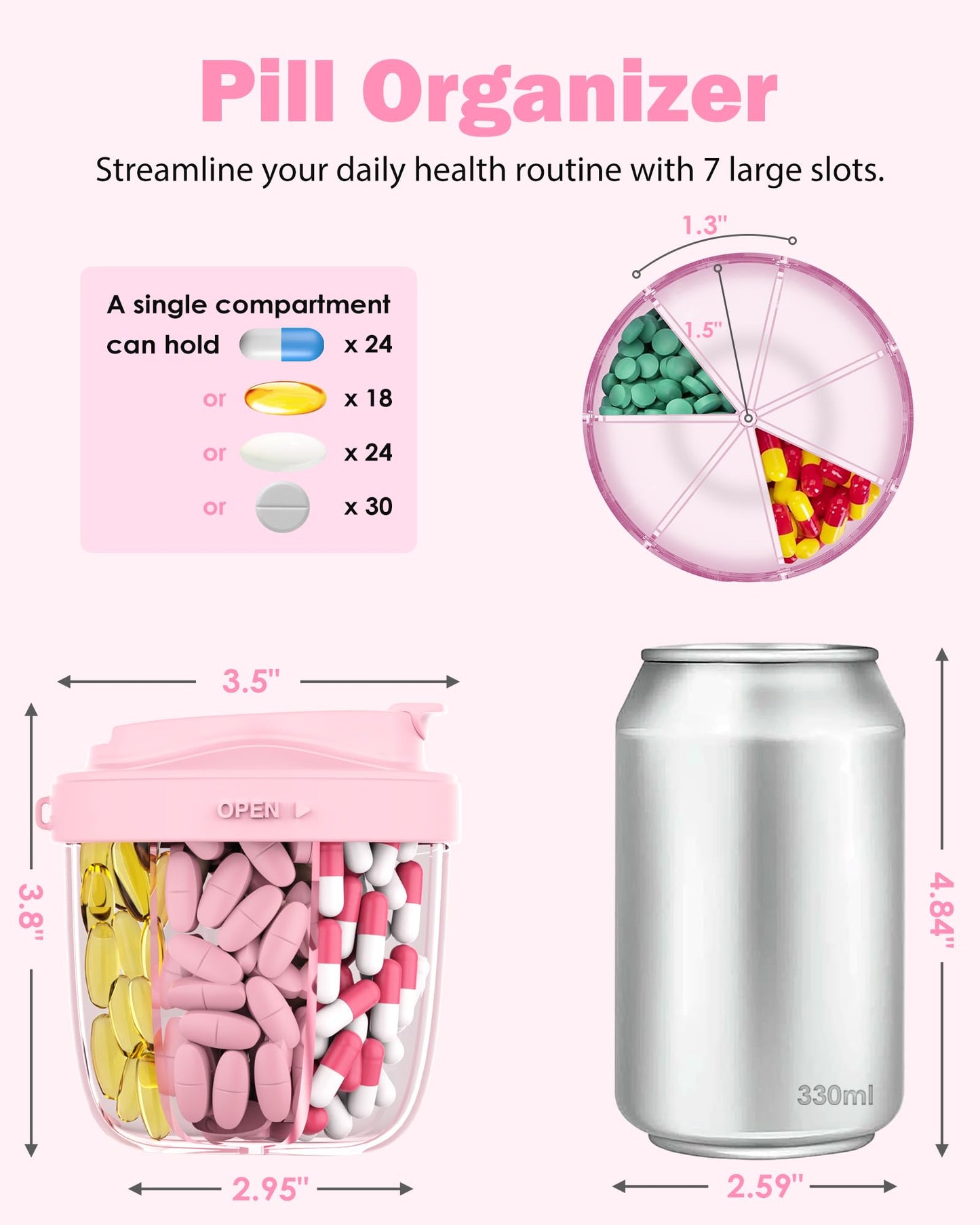 Cute Pill Organizer,Pill Dispenser with 7 Large Compartments,Portable Pill Bottle Box with Wide Opening for Easy Use, Anti-Mix Pills Organizer for Travel,Includes 20 Pcs Sticky Labels(Black) WN420