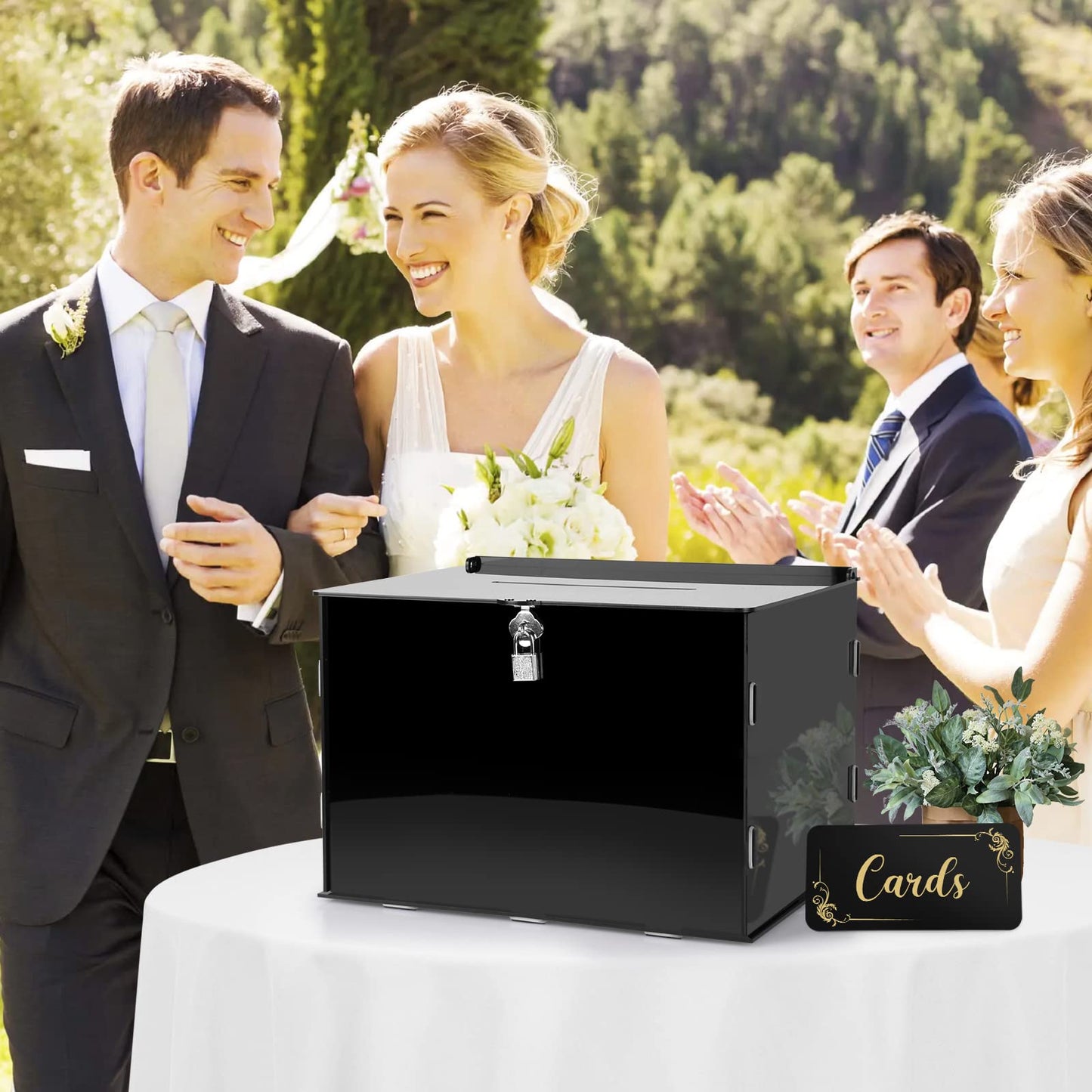 Fowecelt Acrylic Wedding Card Box with Lock Black Card Box DIY Large Rustic Card Box for Wedding Reception Bridal Shower Birthday Baby Shower Party Graduation Decorations (10x10x10 Inch) BST326H