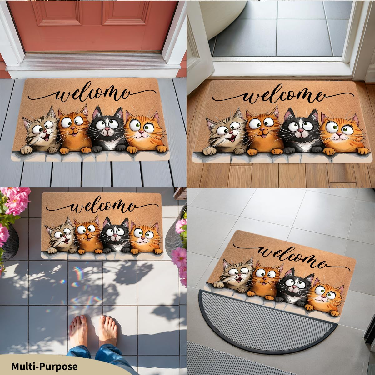 Funny Cat Door Mat 18x30 Inch, Faux Coco Coir Doormat with Non-Slip PVC Backing, Cats Printed Welcome Mat for Outdoor Indoor Entryway Porch Home Kitchen Patio, Cat Lover Gifts for Women Mom BST202