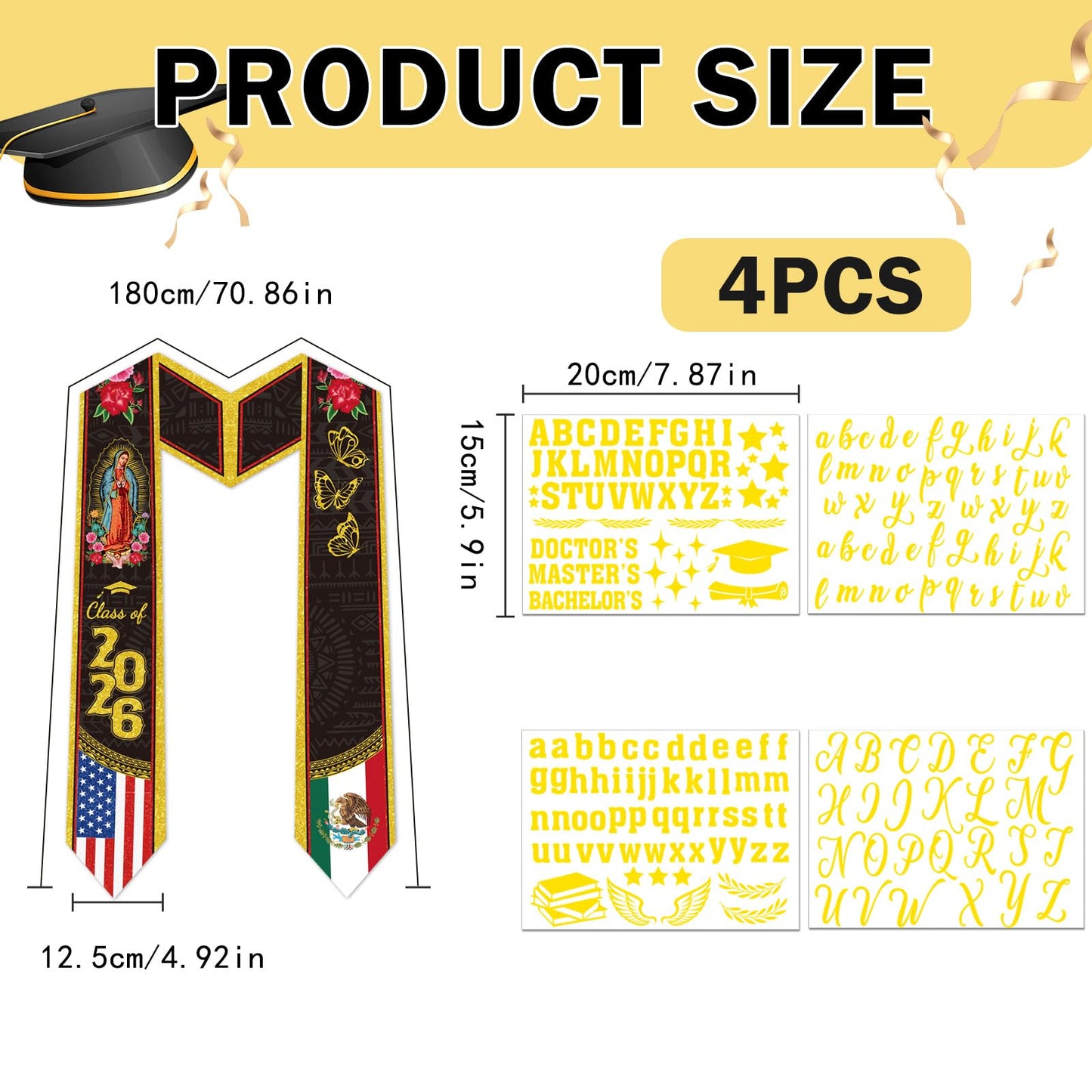 Dazoratix Filipino Graduation Stole 2026 - Philippines American Flag Sash Personalized Custom Glitter Iron on Letters Patches DIY Customize Transfer Stickers for Senior Student School Grad Decorations BST326L