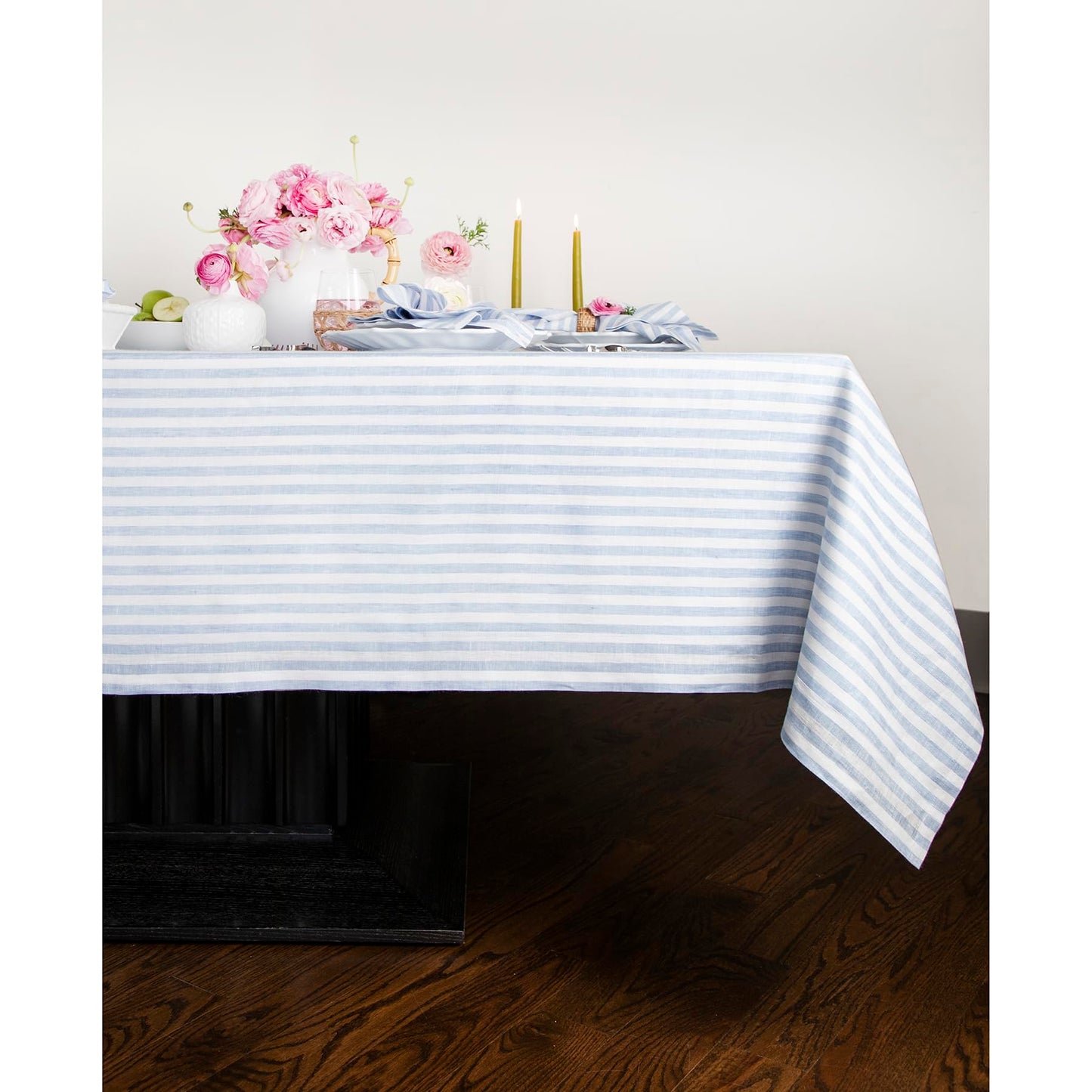 Solino Home 100% Linen Table Cloth, Throw, 52 x 52 in, Coral, Amalfi Stripe | Striped Linen Tablecloth a neat topper for bistro, card and side tables | Coral and White | Pure Linen | OEKO-TEX Certified BST326SOLH