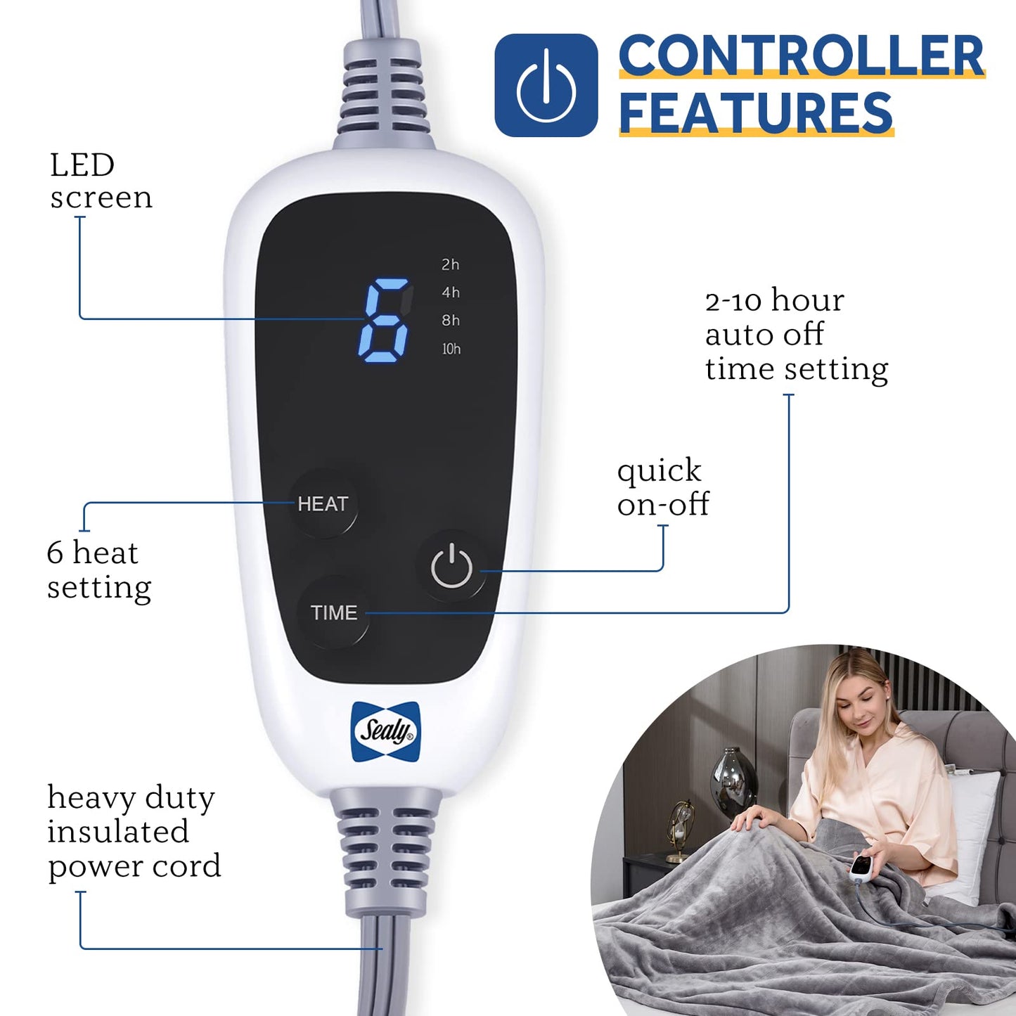 Sealy Heated Electric Blanket Queen Size, Flannel Electric Blanket with 10 Heating Levels & 1-12 Hours Auto Shut Off, Fast Heating Warming Blanket, Machine Washable, Grey, 84 x 90 Inch