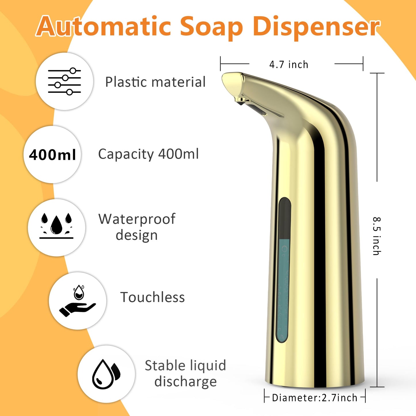 Automatic Soap Dispenser Touchless,400ML Hand & Dish Countertop Electric Liquid Dispenser with Sensor,Modern 4 Gear Adjustable Black Waterproof Battery Operated Kitchen Auto Soap Pump WN420