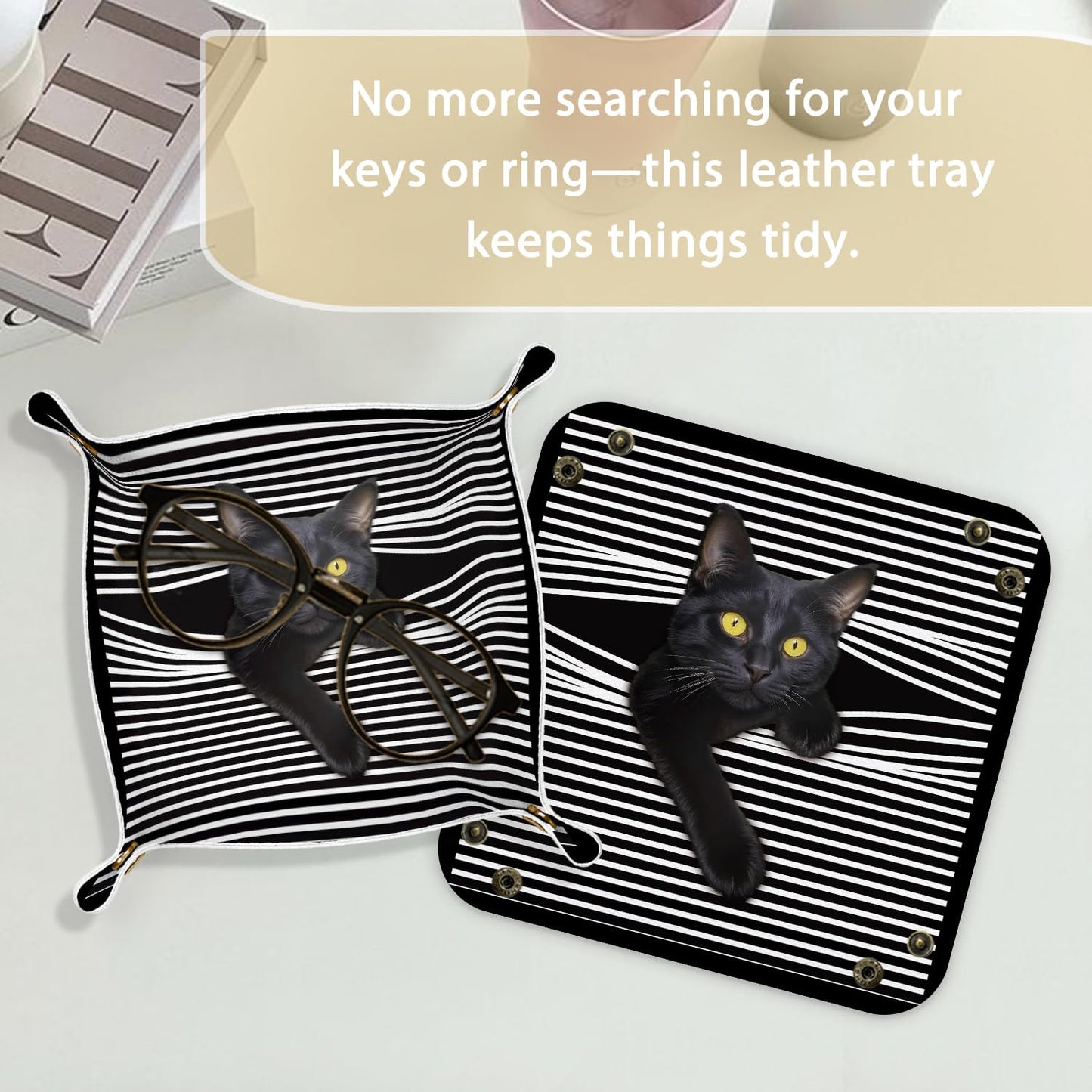 Marble Jewelry Valet Tray for Women Men, Black and Gold Marble PU Leather Catchall Beside Caddy Nightstand Organizer Tray for Jewelry Rings Watches Keys and Accessories, 7.87x7.87in BST220