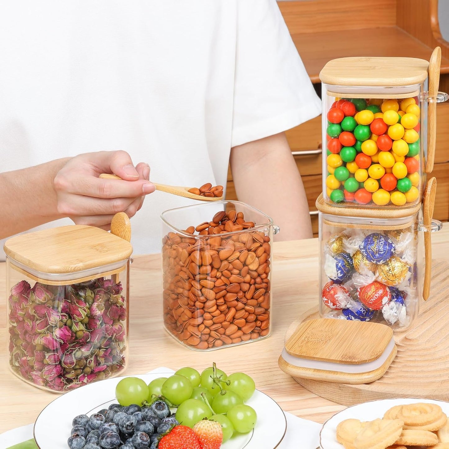 ComSaf 0.6 Qt Glass Food Storage Jars Set of 6, Clear Storage Containers with Airtight Lids, Pantry Organization Jar, Spice Jar, Blooming Tea, Coffee and Sugar Container, Canister Set for Kitchen BST220