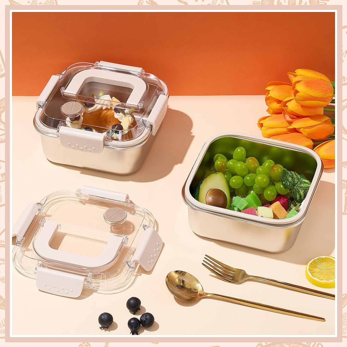 2 Pack 40oz Stainless Steel Sandwich Containers Leakproof & Airtight Seal Lid Reusable for Sandwiches, Snacks, Food Storage BST202