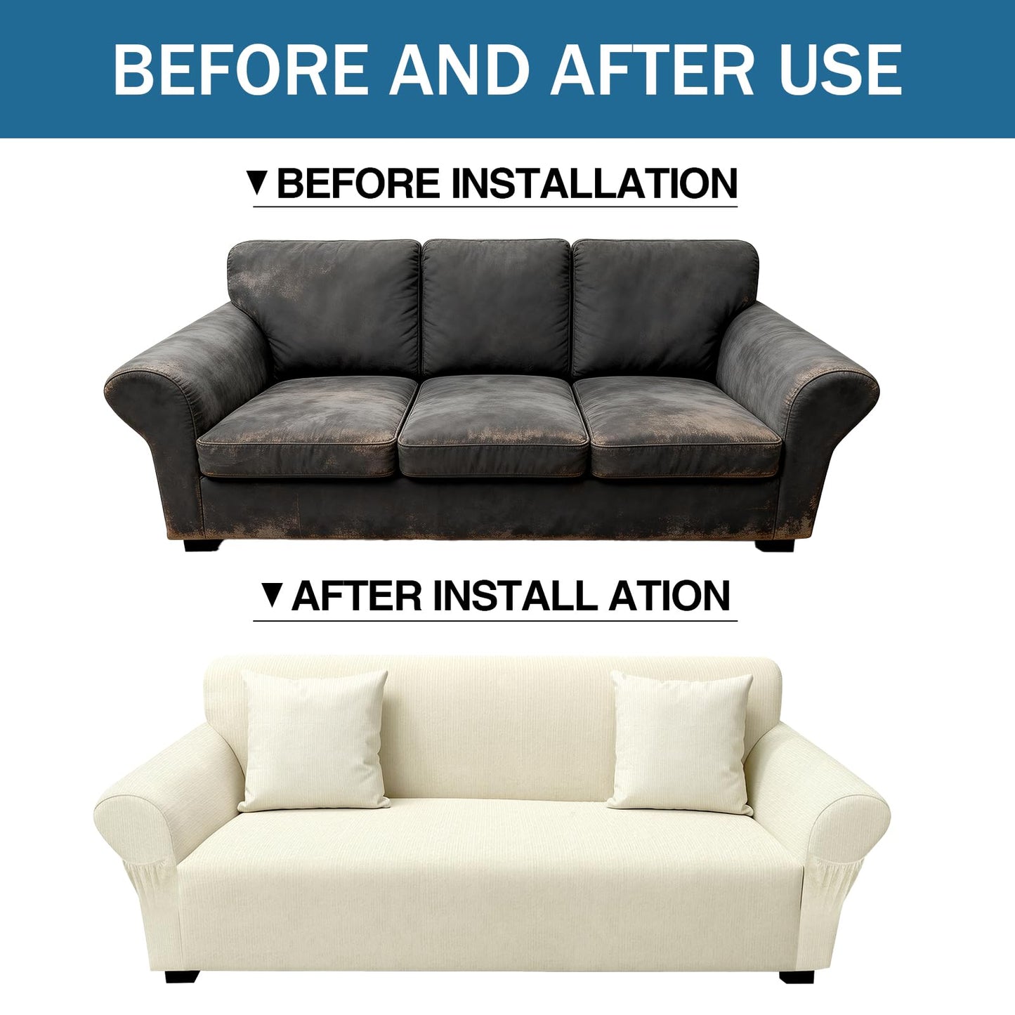 Sofa Slipcover with 2 Pillow Cover for 3 Cushion Couch, Non Slip Furniture Protector with Elastic Bottom, Washable Sofa Cover for Kids, Pets (Sofa, Navy) BST326H