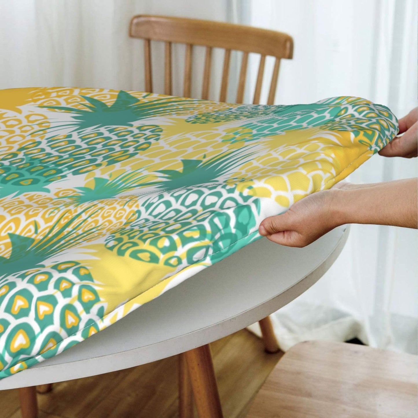 Blue Petal Mandala Pattern Tablecloth with Elastic Edge, Round Table Cover Washable Reusable Bohemian Table Cloths for Kitchen Dining Party, Medium (Fits 45-50 in) BST202