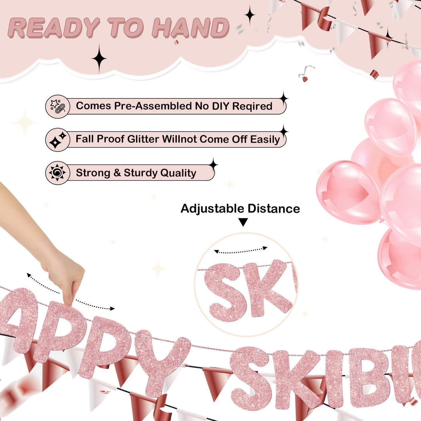Fulmoon Pre Strung Happy Skibidi Birthday Sigma Banner Glitter Funny Zoomer Gen Z Slang Birthday Party Supplies Gen Z Slag Party Decorations Sign Gift(Champagne Gold) WN420