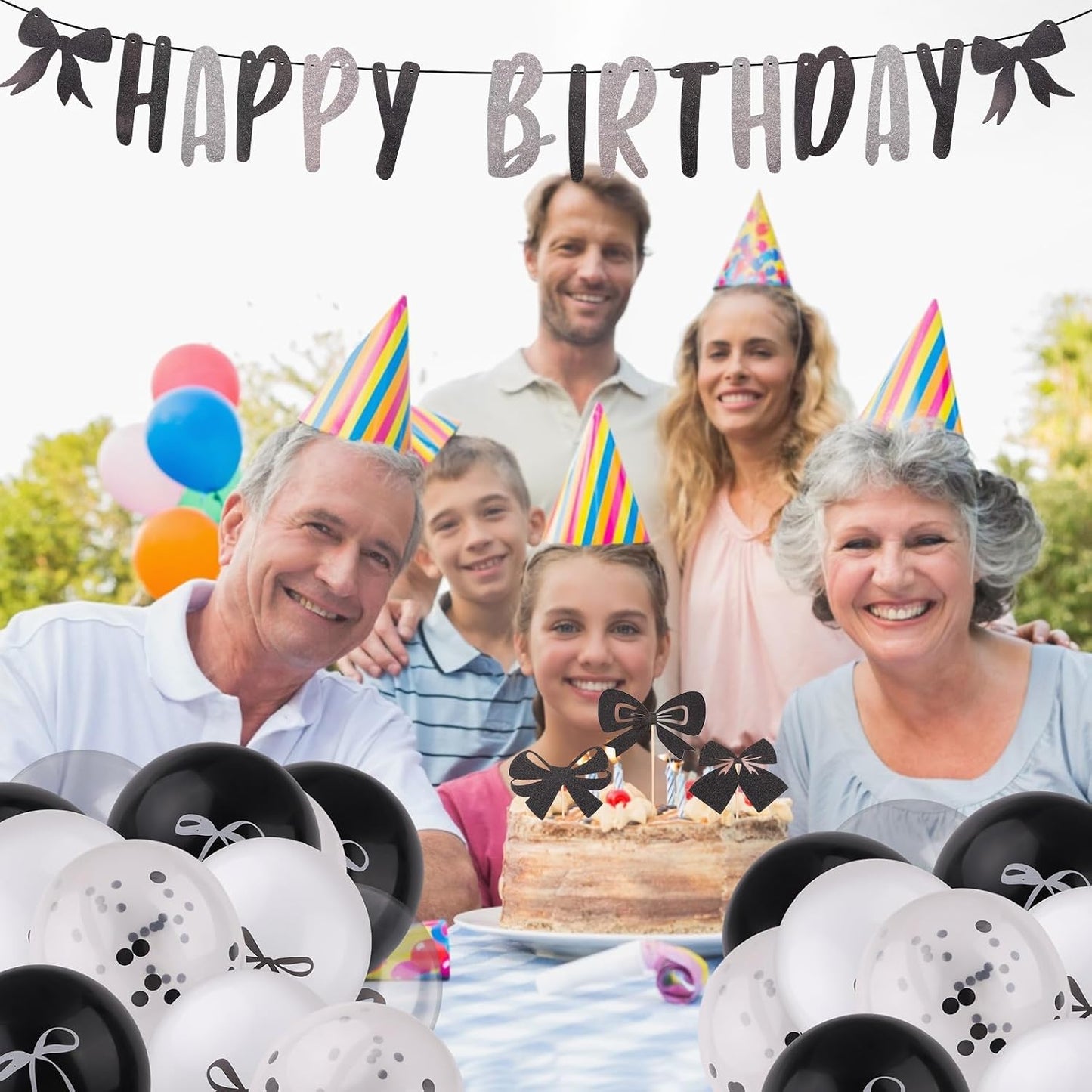 Black Bow Birthday Party Decorations, Bow Coquette Party Decor with Happy Birthday Banner Garland Black White Balloons Hanging Swirls Cupcake Toppers for Girls Women Bow Theme Decor BST220