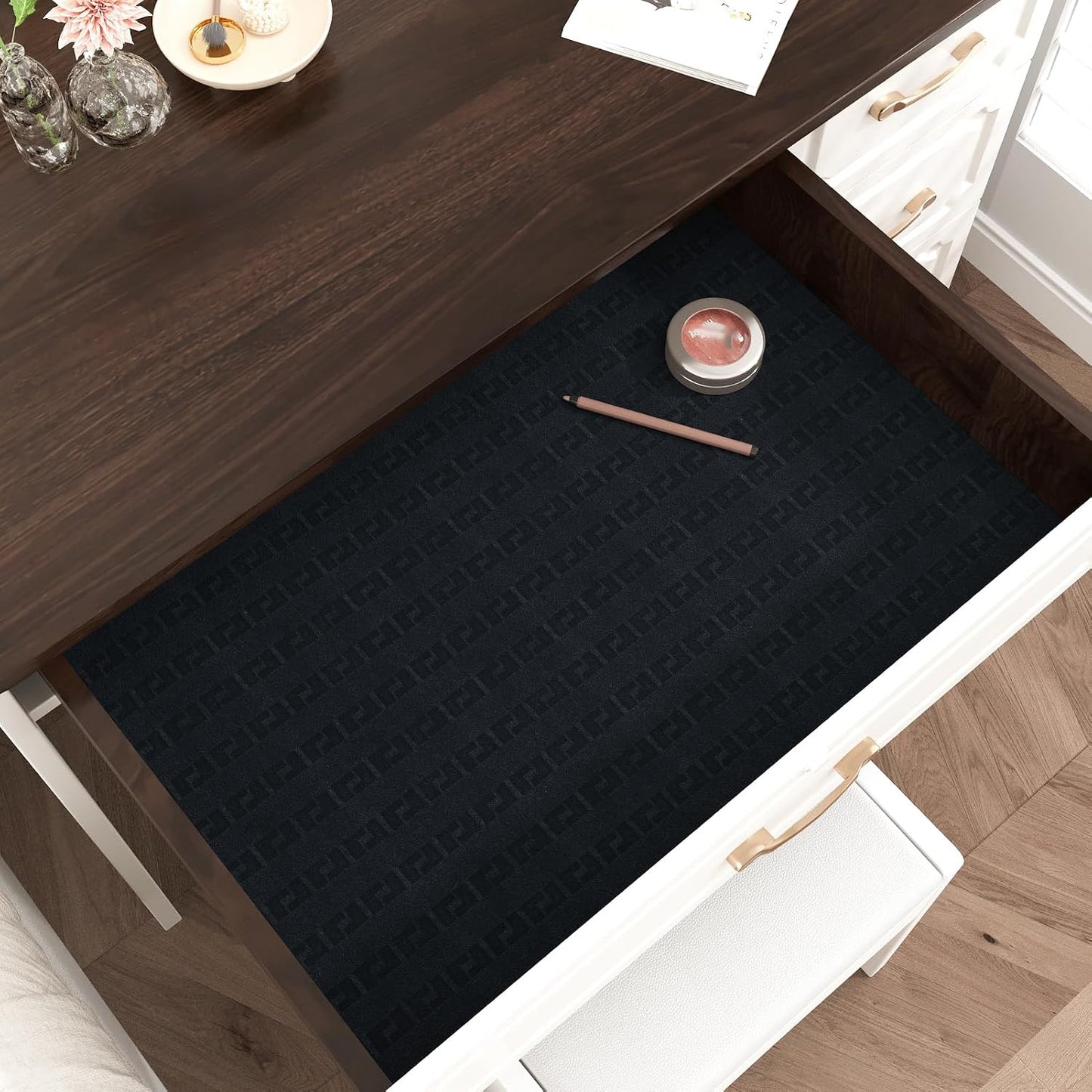 Black Geometric Flocked Velvet Wallpaper Peel and Stick Self Adhesive Soft Felt Contact Paper Removable Luxury Velvet Flocking Liner for Bedroom Wall Cabinets Drawer Liner Crafts 17.5"x118" BST220