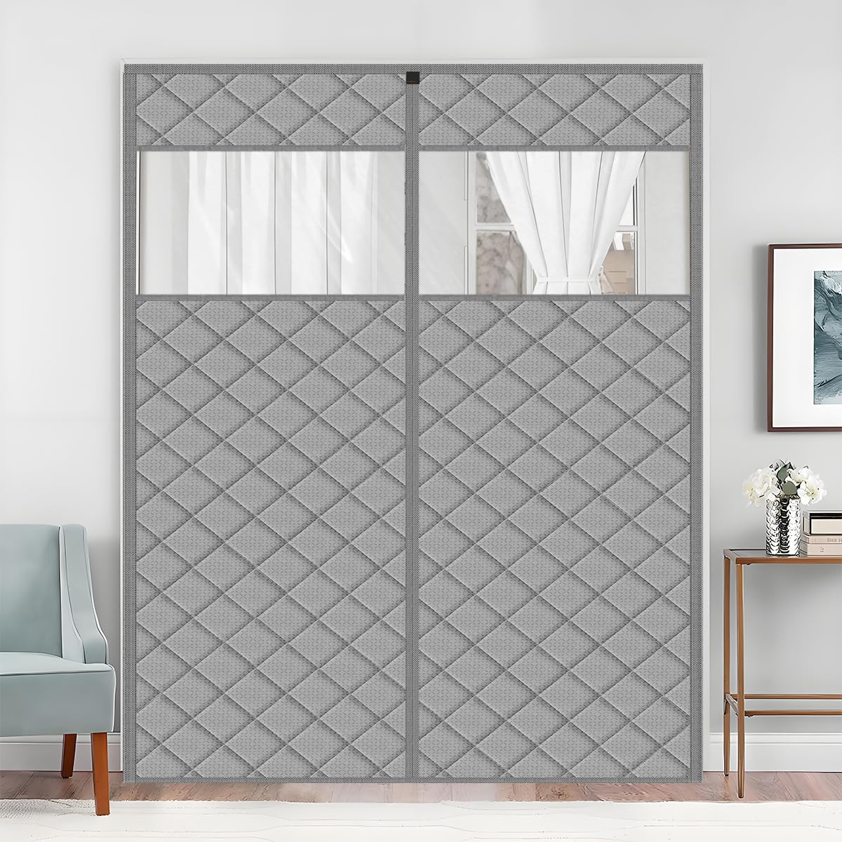 Thermal Door Curtain Fits Doors Size 38"x80"，Curtain Size 41"x82", Magnetic Insulated Curtain Side Open Keep Warm in Winter Cool in Summer,Diamond Pattern,Gray WN420