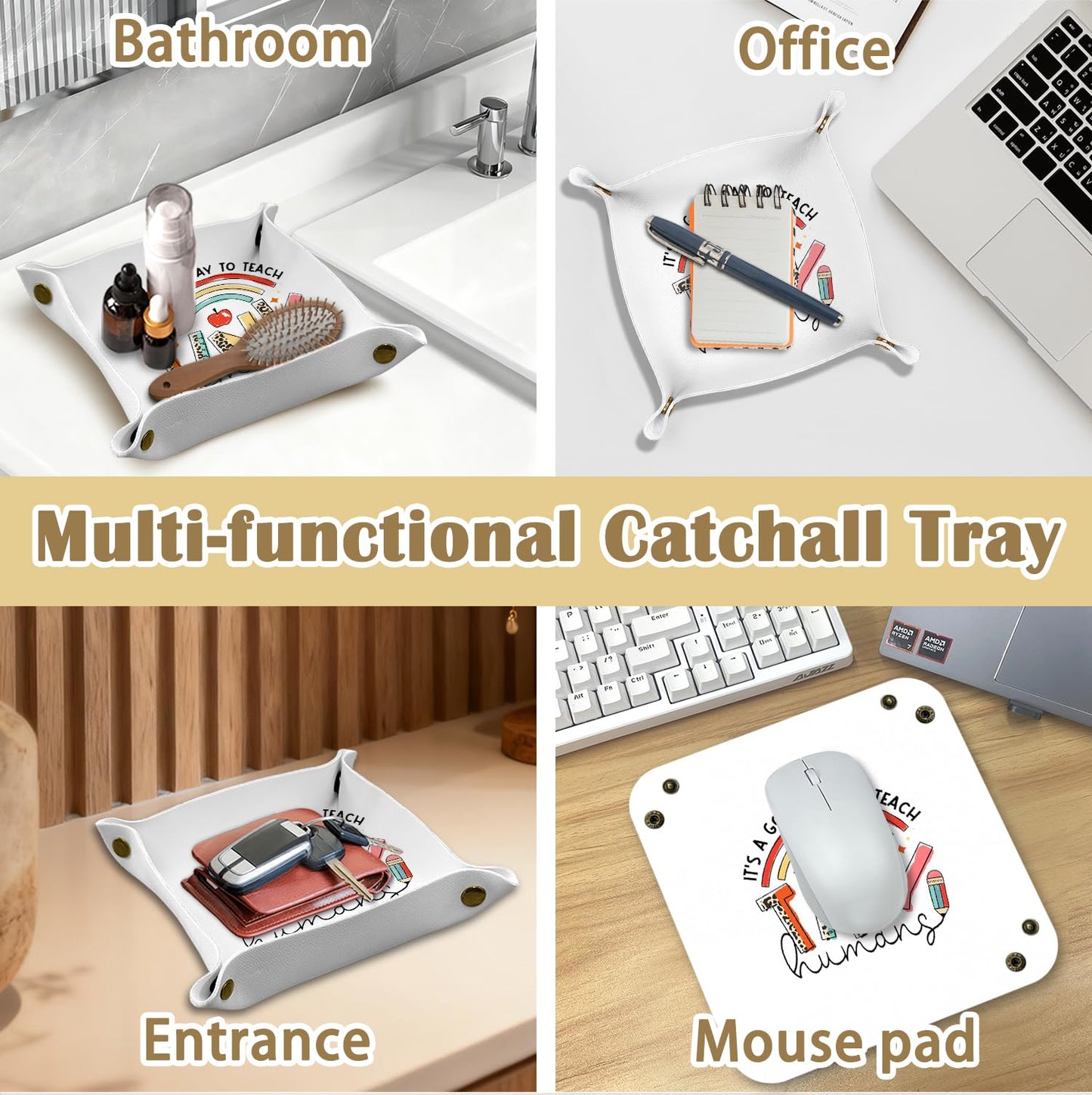 Marble Jewelry Valet Tray for Women Men, Black and Gold Marble PU Leather Catchall Beside Caddy Nightstand Organizer Tray for Jewelry Rings Watches Keys and Accessories, 7.87x7.87in BST220