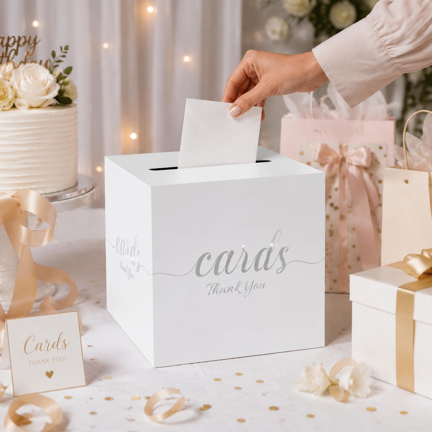 1 Pack White and Gold Wedding Card Box for Party Graduation Bridal Baby Shower Retirement Decorations Cardboard Birthday Card Holder Raffle Ballot Voting Box with Slot 7.8 x 7.8 x 7.8 In BST220