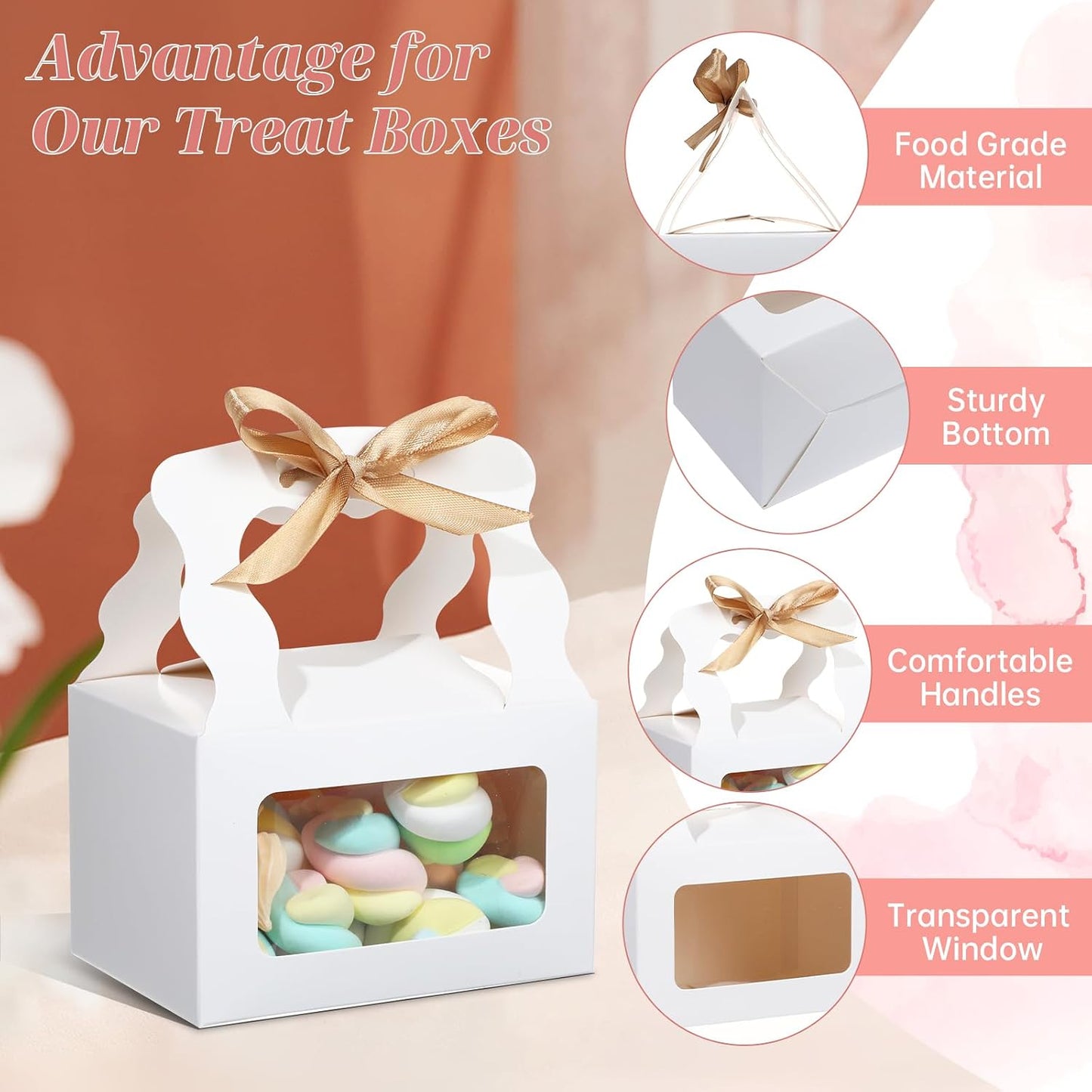 12-Pack Gable Boxes with Ribbon, Food-Grade Treat Bakery Gift Boxes for Party Favors, Birthdays, Weddings, and Holidays (white, small) BST326L