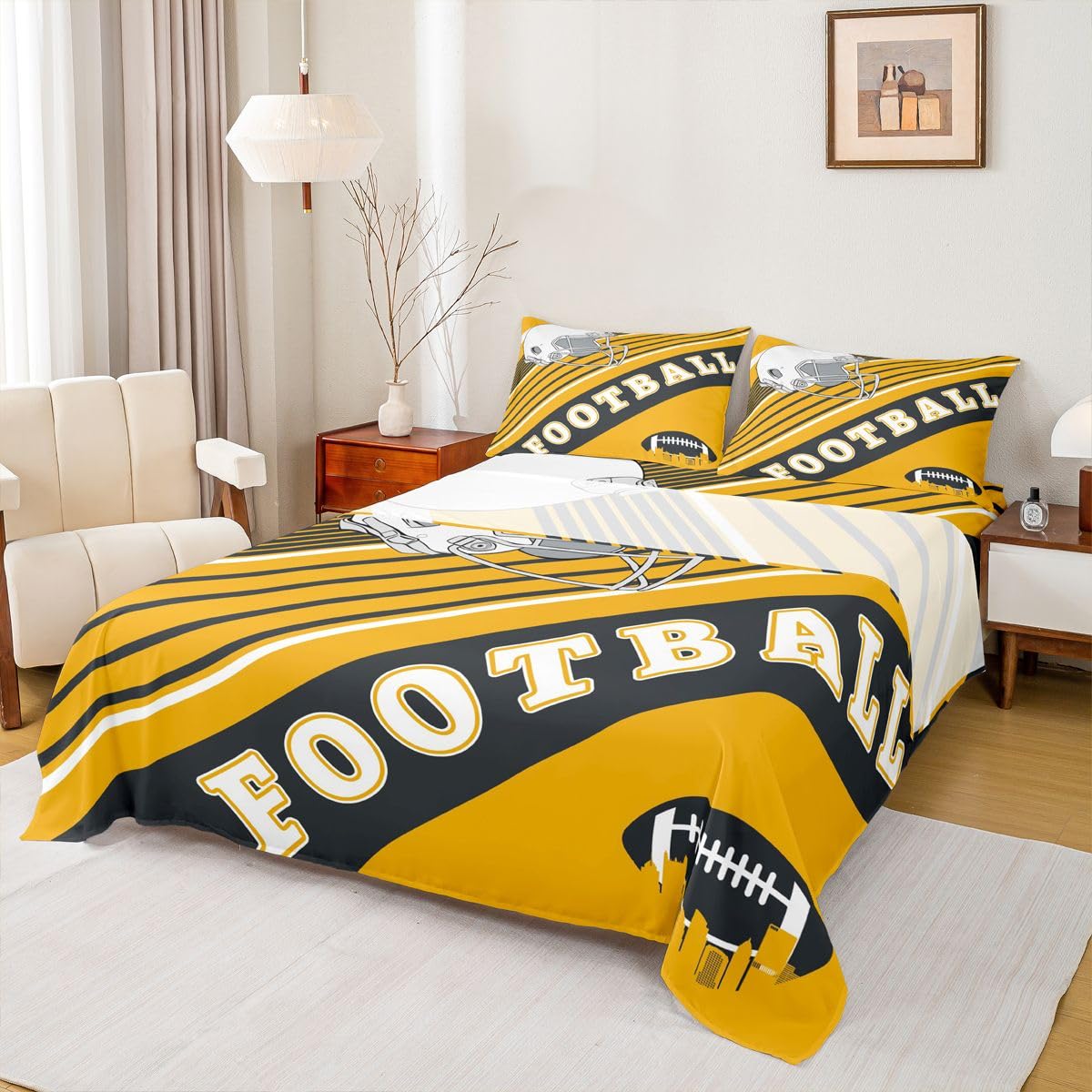 Erosebridal Gridiron Sheet Set Sports Ball Game Sheets Twin for Boys Girls Rugby Competition Game Bed Sheets Set, Football Themed Bedding Set with 1 Pillowcase BST326H