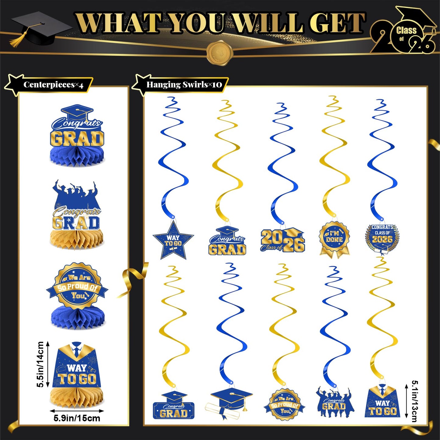 Graduation Decorations 2026-Black and Gold Graduation Party Decorations Supplies Class of 2026 with Graduation Banner, Backdrop, Balloons, Centerpieces, Hanging Swirl for Grad Party BST326H