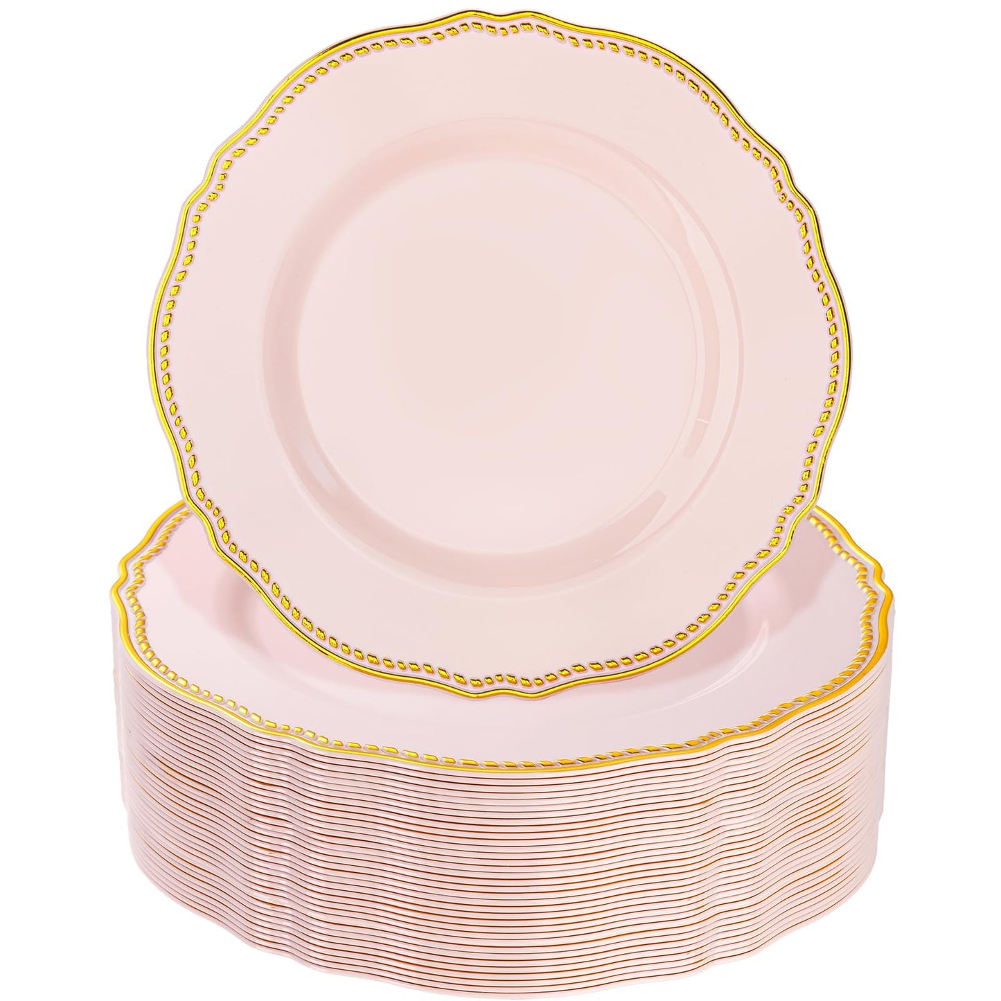 Hioasis 60pcs Pink Plastic Plates - Pink and Gold Disposable Dinnerware with Gold Rim N26