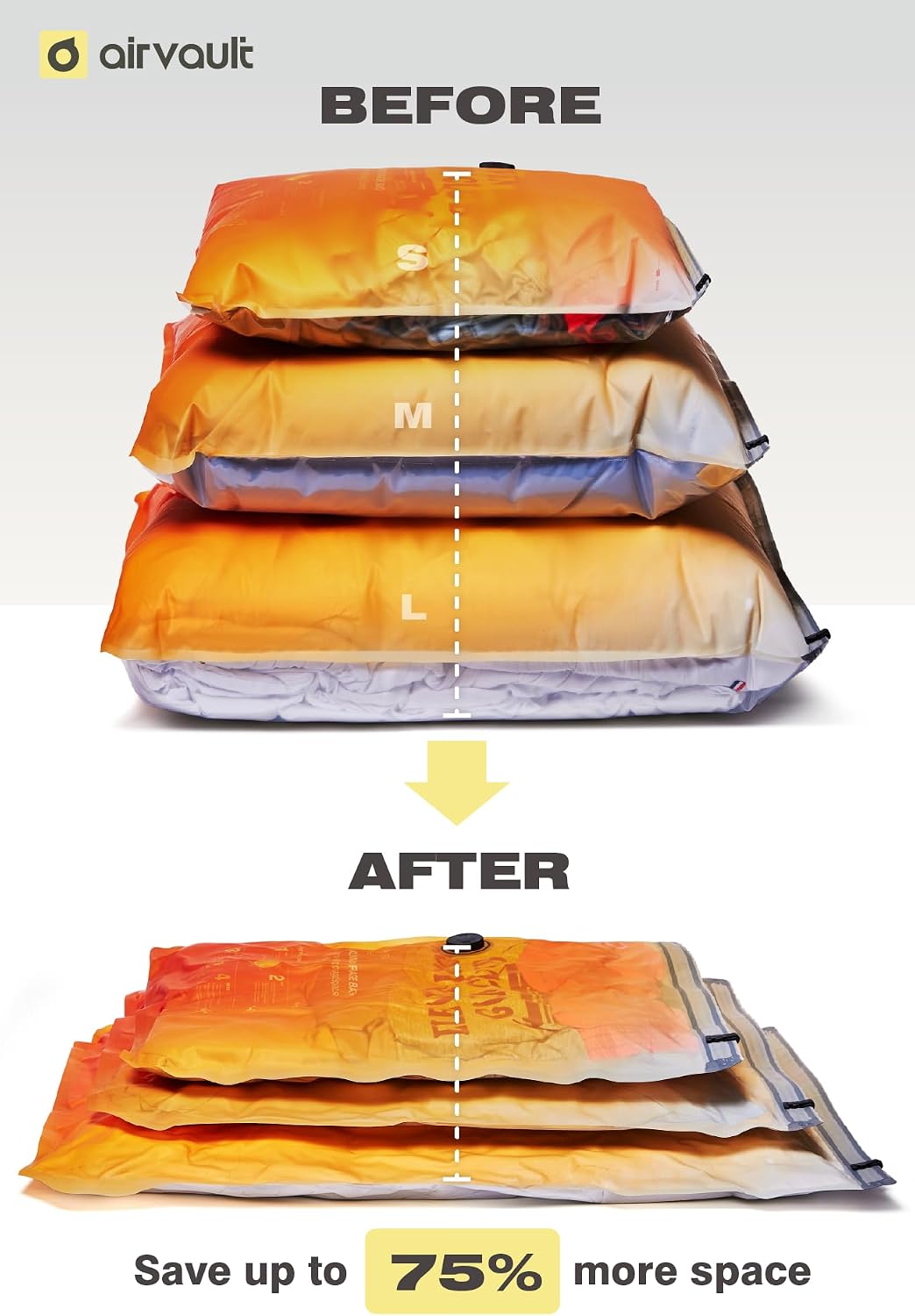 AirVault Vacuum Storage Bags for Travel & Home - Space Saver Compression Packing Bags Set for Clothes, Blankets & Seasonal Storage, Small (5), Medium (5), Large (5) (Orange,15-Pack Combo) BST326H