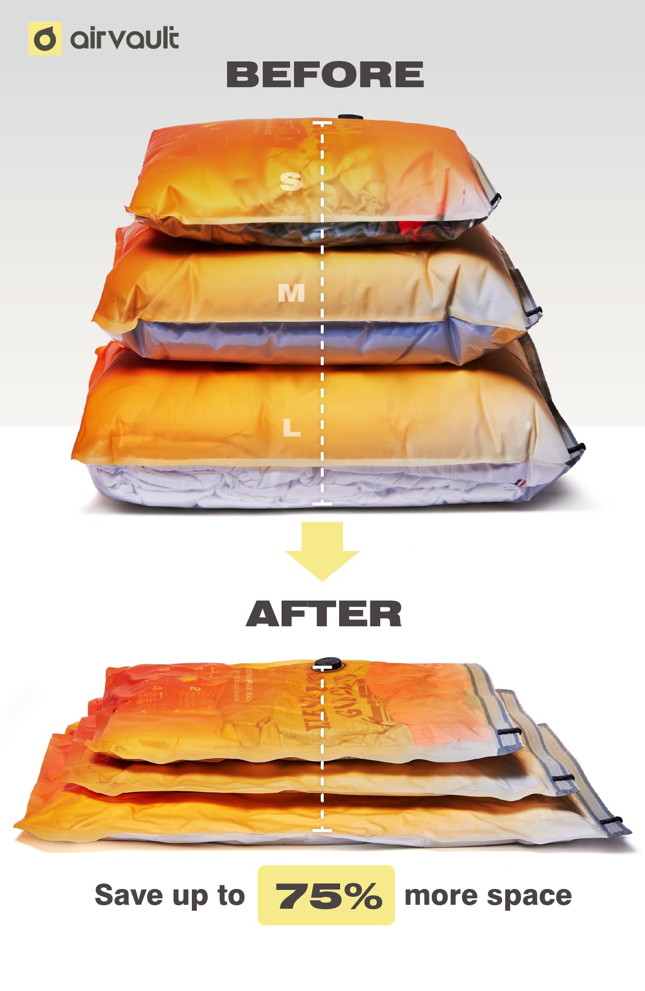 AirVault Vacuum Storage Bags for Travel & Home - Space Saver Compression Packing Bags Set for Clothes, Blankets & Seasonal Storage, Small (5), Medium (5), Large (5) (Orange,15-Pack Combo) BST326H