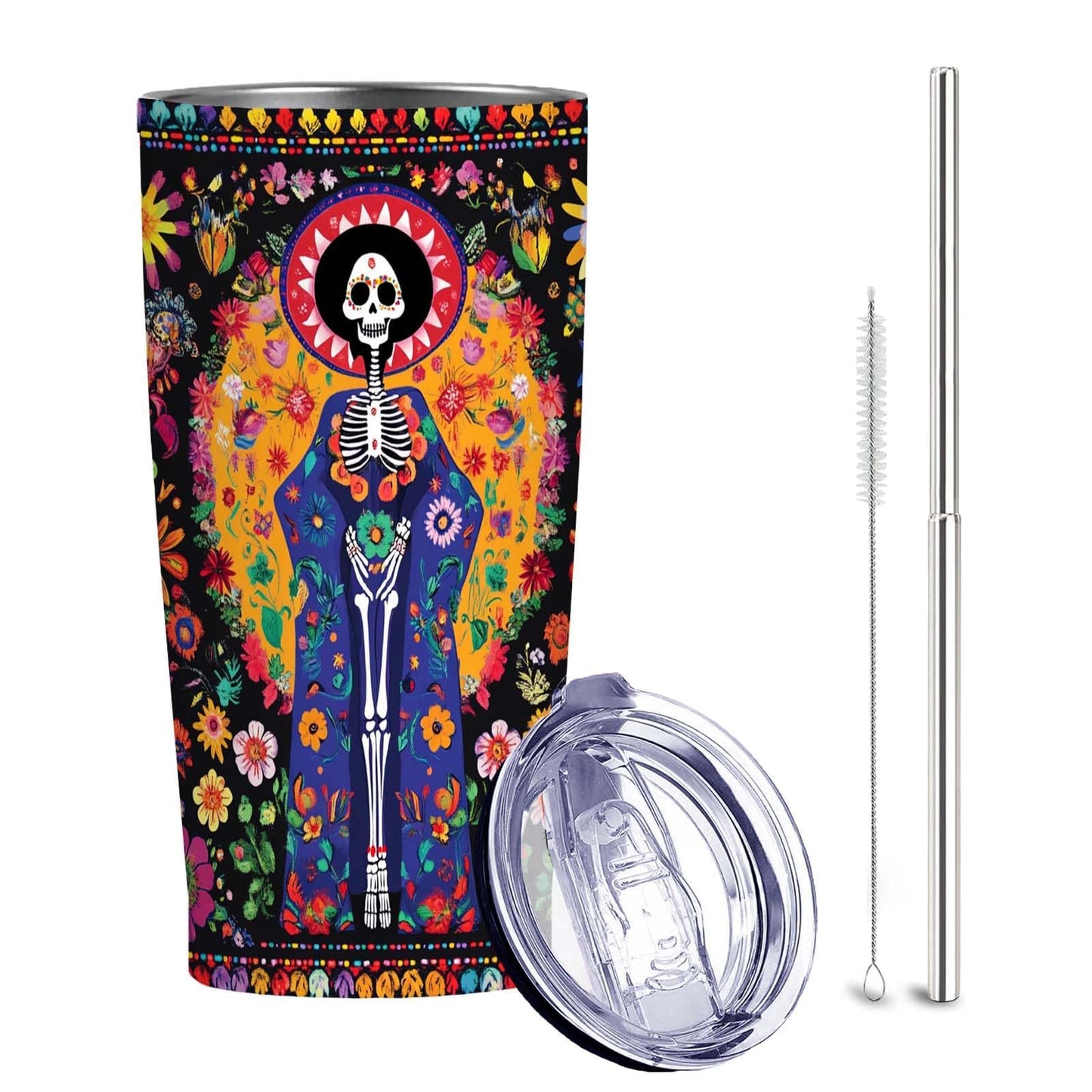 Gothic Skull 20 oz Insulated Stainless Steel Tumbler | Spooky Skeleton Travel Mug with Leak Proof Lid and Telescope Straw | Hot & Cold Coffee Cup | Halloween Gifts for Men and Women WN420