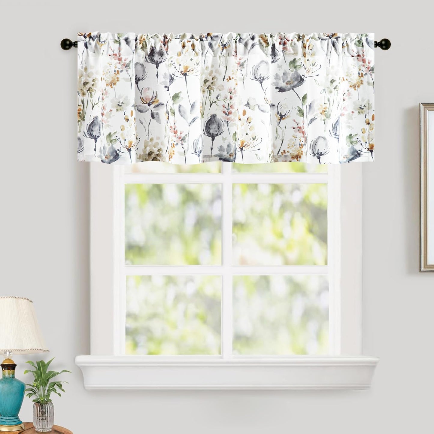 Leeva Farmhouse Kitchen Valances for Windows, Watercolor Blossoming Floral Print Curtains, Soft Faux Linen Curtain Toppers and Valances for Bedroom, 60 x 14 Inch, Brown & Grey, 1 Panel BST220