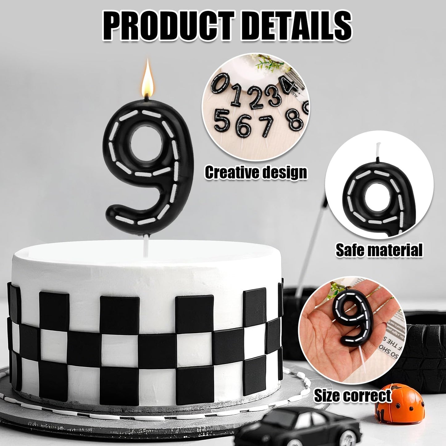 Birthday Number Candles, Black White Numeral Birthday Candles Racing Cars Themed Cake Decoration Cake Topper for Bday Anniversary Wedding (Number 2) BST326L
