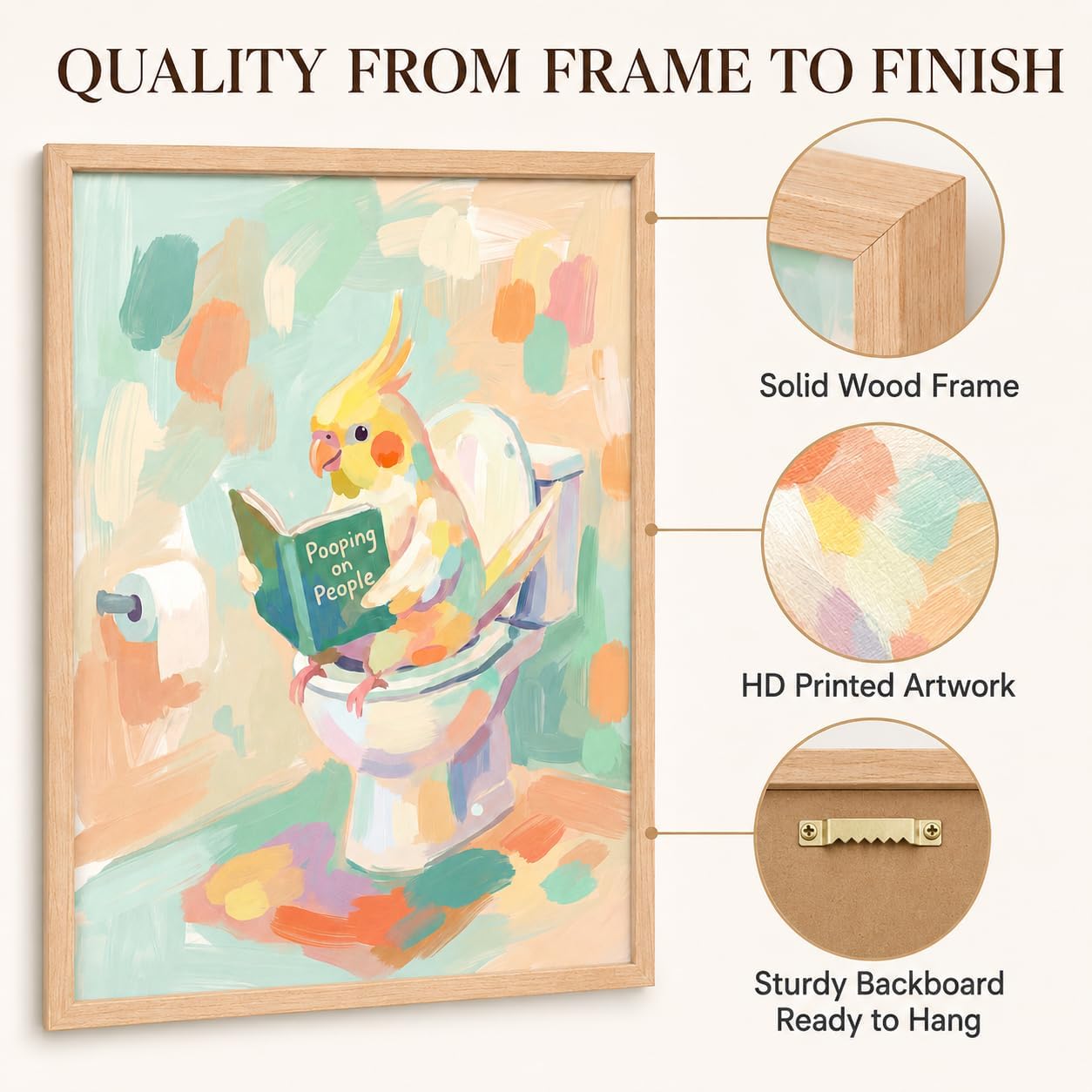 Framed Funny Parrot Bathroom Wall Art Cute Cockatiel Whimsical Canvas Print | Cute Bird Painting Natural Wood Frame Whimsical Animal Picture Playful Wall Decor for Bathroom Kids Room Nursery12x16Inche BST326H