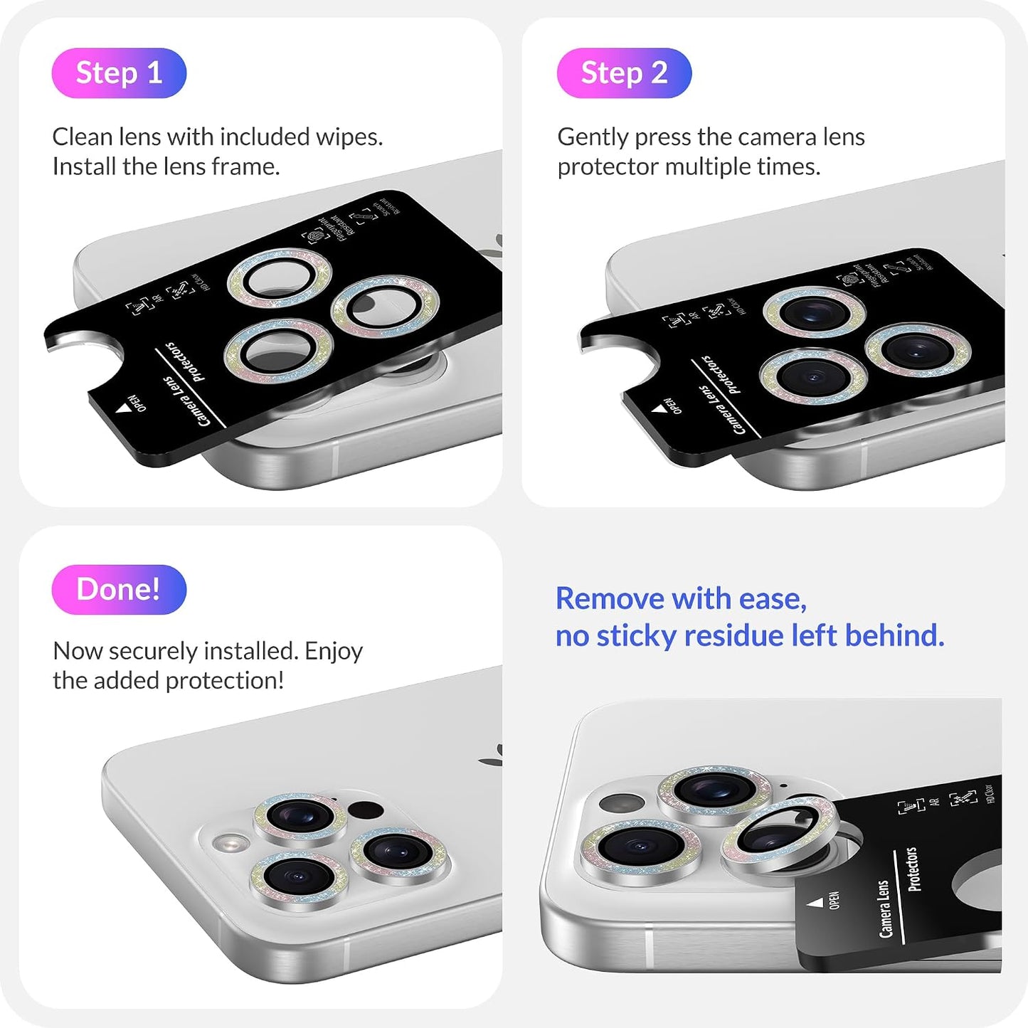 LONLI - for iPhone 16 Pro | 16 Pro Max - Triple Individual Camera Lens Protector - Rainbow Holographic Glitter WN420