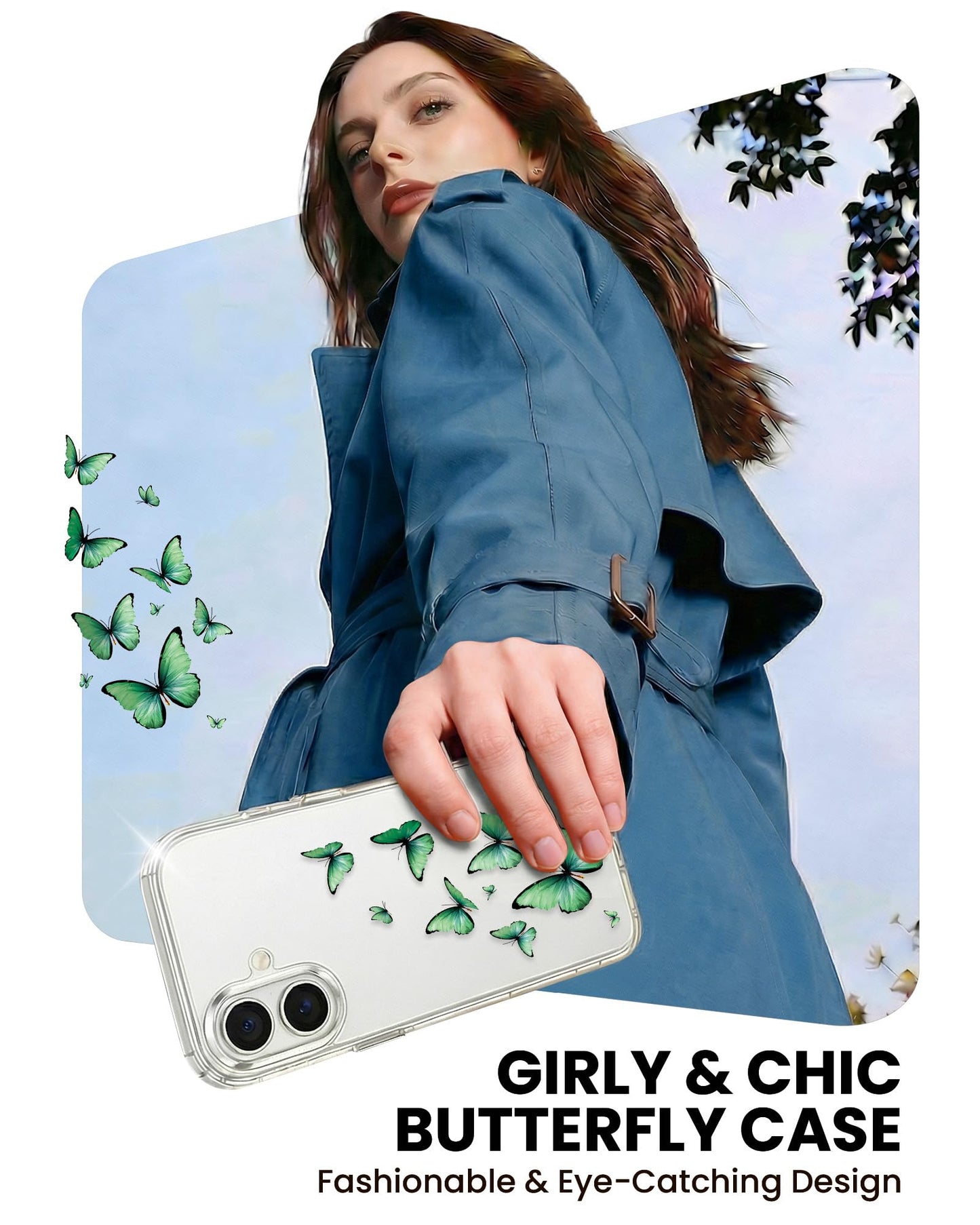 Cute Girly Crystal Clear Case Compatible with iPhone 16 Pro, Camera Control & Shockproof Protection Floral Case for Women, Blue Butterflies WN420