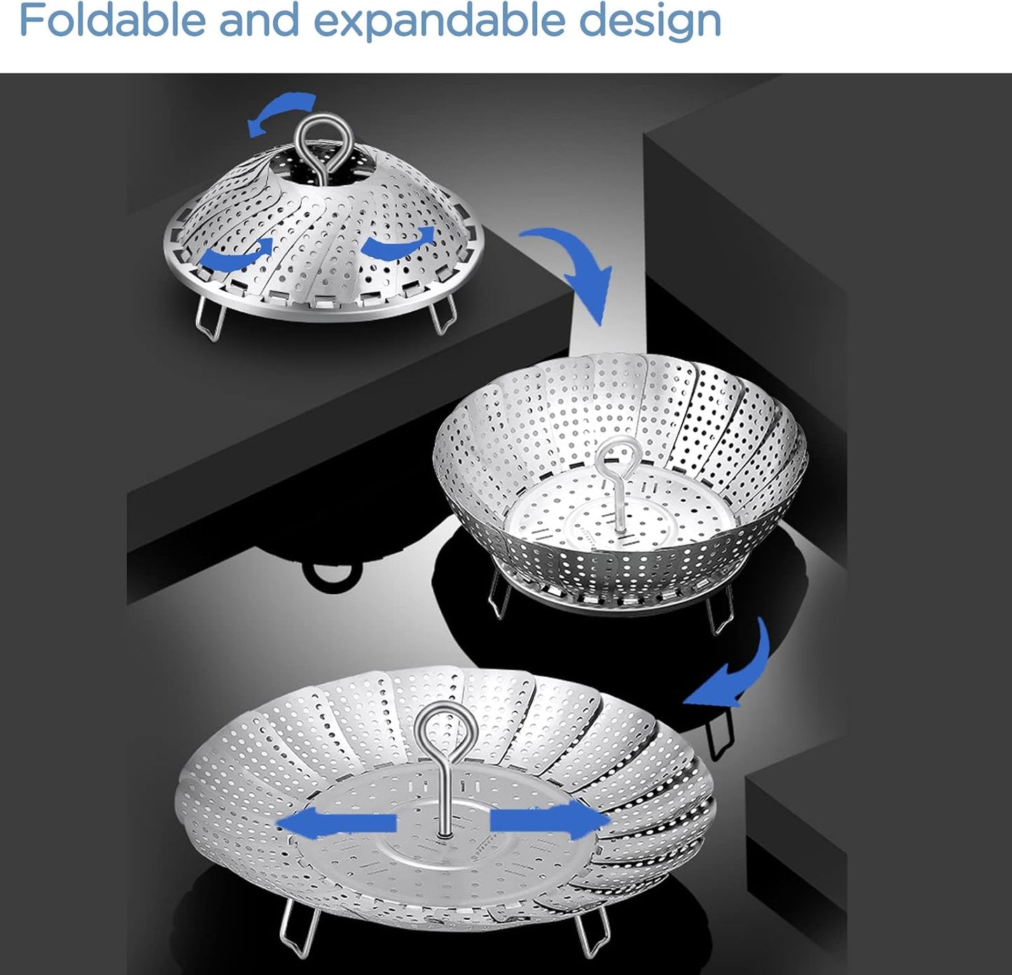 304 Stainless Steel Vegetable Steamer Basket, Expandable Insert for Cooking, Fits 6.4 to 10.2 Inch Pots, Includes 7.3 Inch Kitchen Tongs WN420