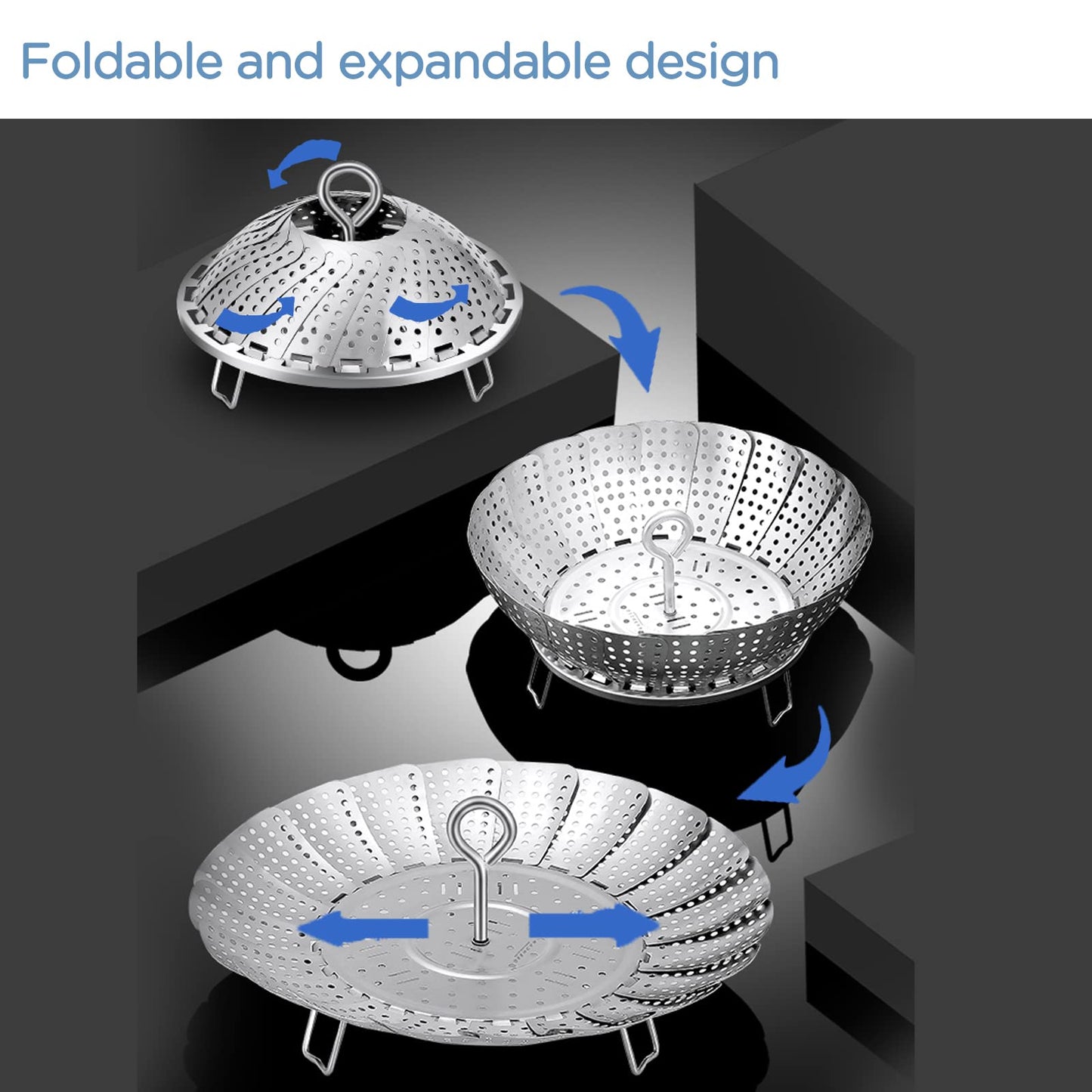 304 Stainless Steel Vegetable Steamer Basket, Expandable Insert for Cooking, Fits 6.4 to 10.2 Inch Pots, Includes 7.3 Inch Kitchen Tongs WN420