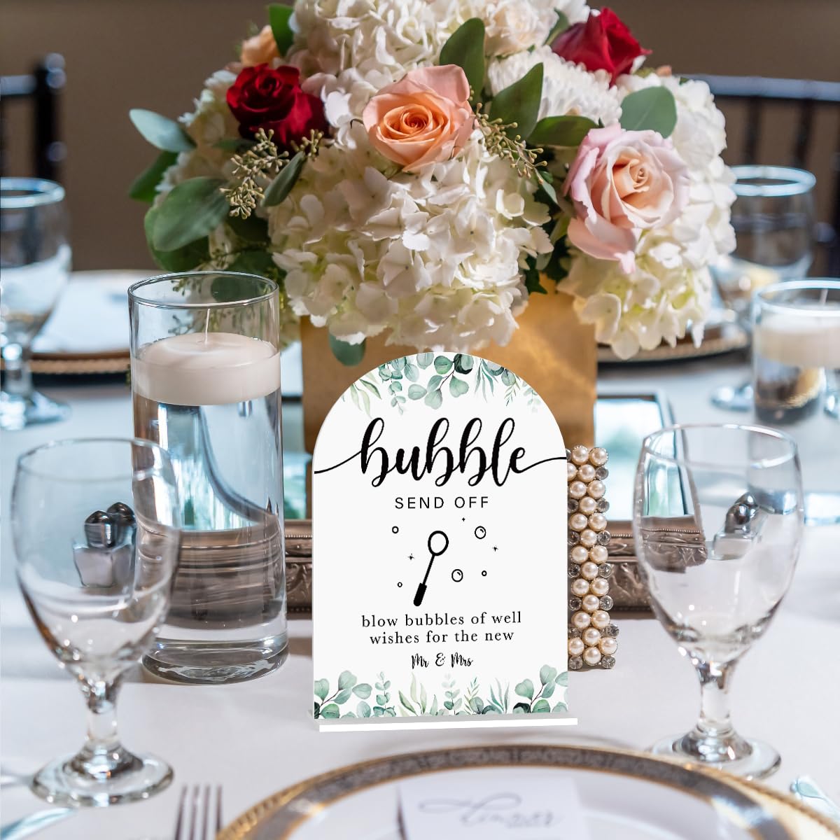 Acrylic Wedding Sign Bubble Send Off Signs for Ceremony Modern Calligraphy Arch Acrylic Table Top Signs for Wedding Reception and Event Party Table Decor (White Eucalyptus Leaves) BST326L