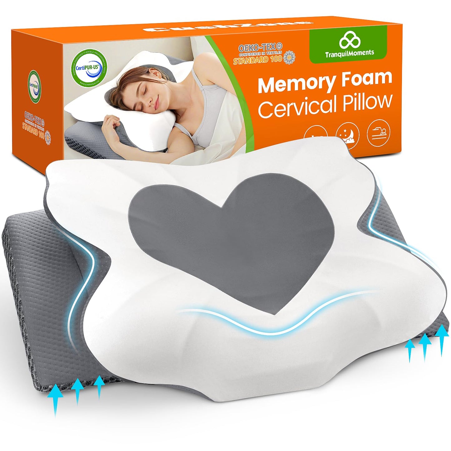 Cervical Neck Pillow for Sleeping, Memory Foam Pillow for Neck Support, Ergonomic Pillow for Pain Relief, Contour Bed Pillow for Side Back Stomach Sleepers, Grey, Queen Size BST220