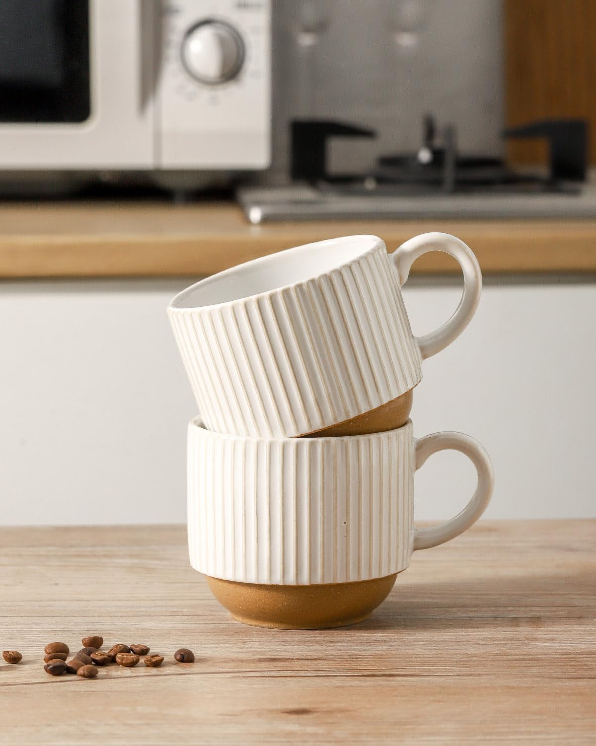 HASENSE 15 oz Ribbed Stackable Coffee Mug Set of 4, Porcelain Latte Cups with Metal Rack, Dishwasher & Microwave Safe, Cappuccino Tea Hot Cocoa, White BST220