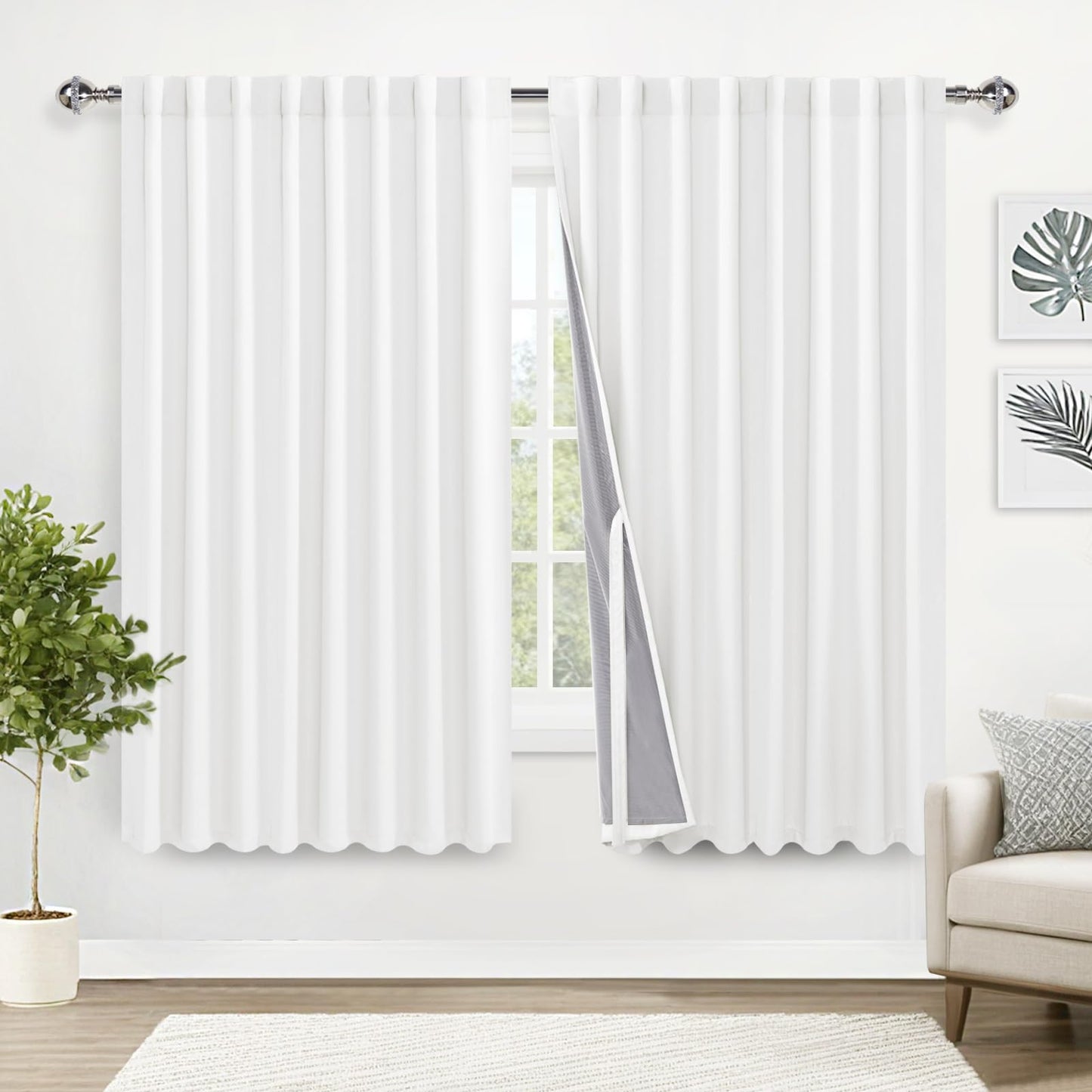 XWZO White Blackout Curtains with Tiebacks - Rod Pocket & Back Tab Heat and Full Light Blocking Window Panels for Bedroom/Nursery, 84 Inches Long Thermal Insulated Draperies, W42 x L84, Set of 2 BST326H