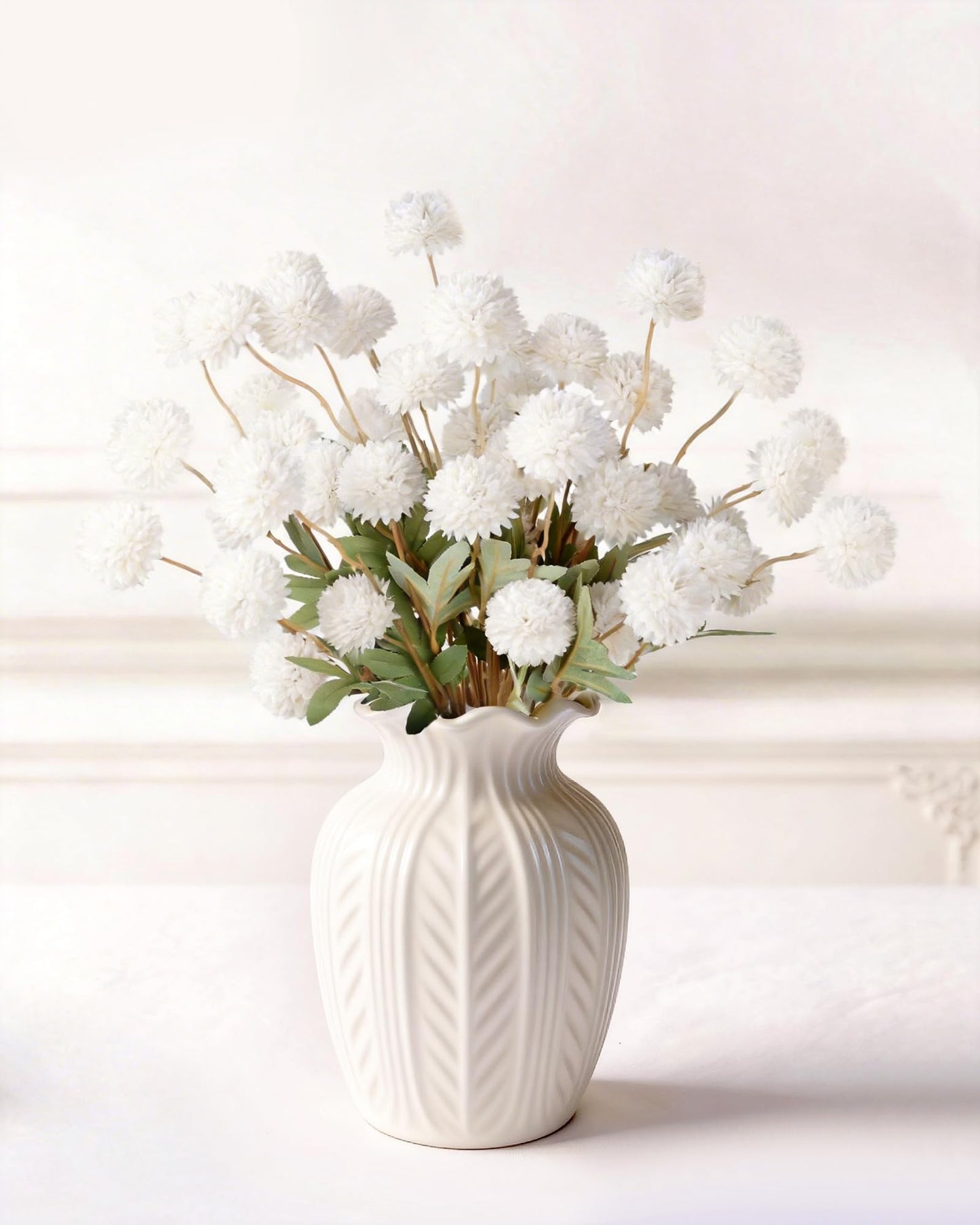 Beige Faux Silk Mums Artificial Flowers, 8Pcs Fall Fake Kiku Small Mini Chrysanthemum Pom Pom Stems for DIY Bouquets Centerpieces Vase Autumn Home Decorations Floral Arrangement BST202