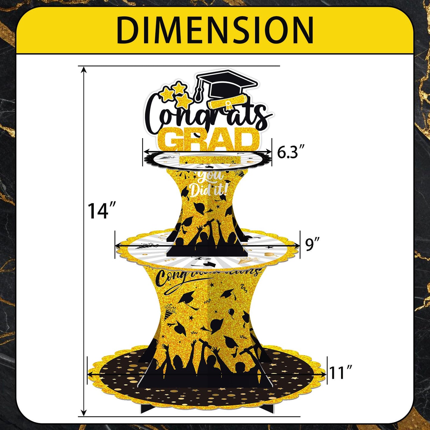 Graduation Cupcake Stand Decoration, 3 Tier Congrats Grad Party Cupcake Holder Tower, Cardboard Grad Theme Dessert Cookies Stand for Graduation Party Supplies Favors (Black & Gold) BST220