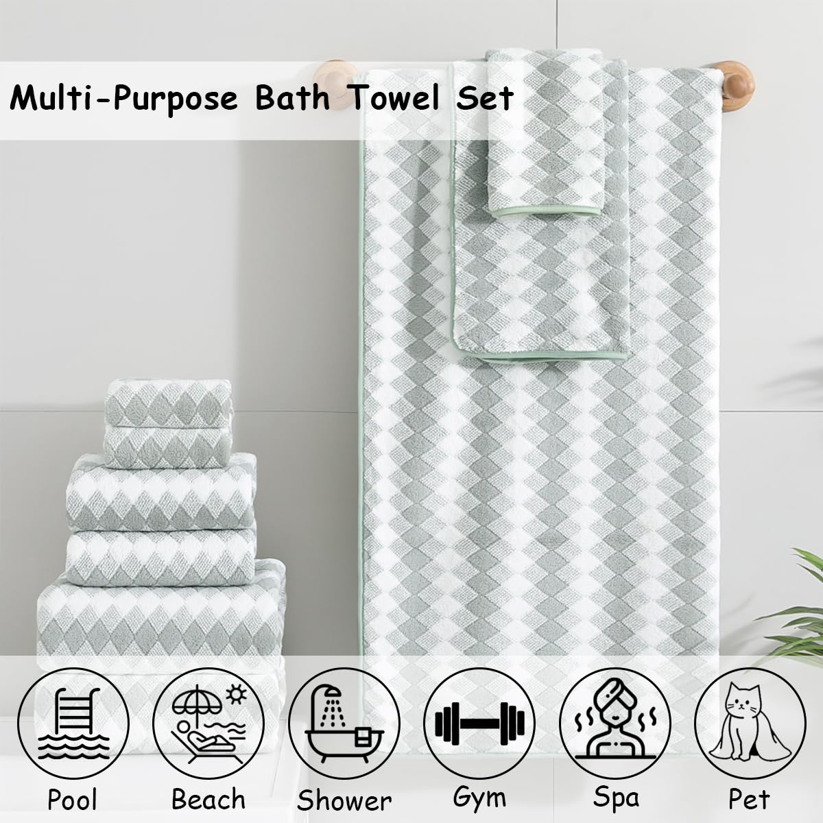 12 Pcs Light Gray Diamond Towel Set-4 Bath Towels,4 Hand Towels,4 Washcloths Soft Polyester Towels with Loop Absorbent Shower Towel Quick Dry Beach Chair Towel Family Towels for Bathroom Spa Gym Pool BST220