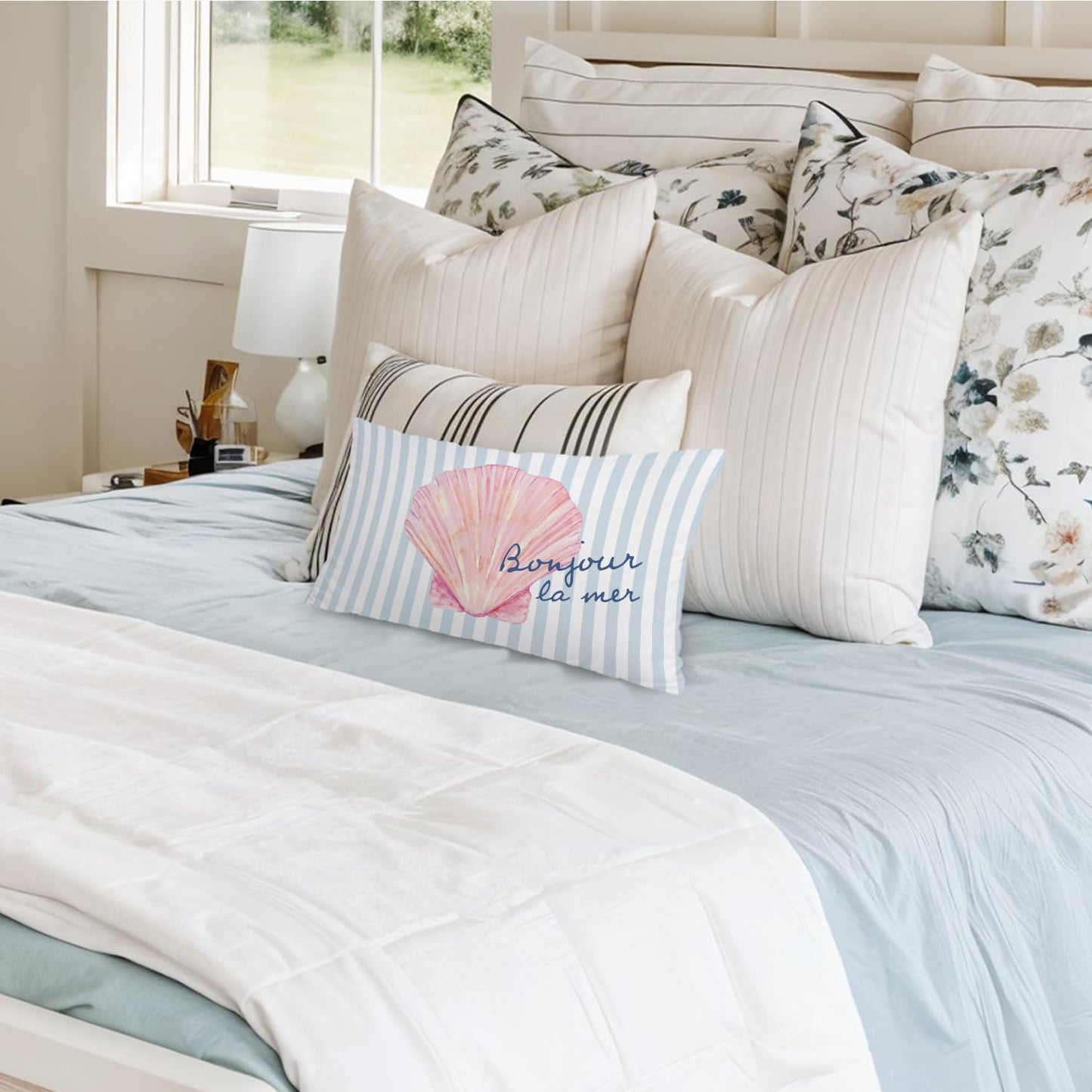 Coastal Beach Girly Room Decor 12x20 Pillow Cover, Preppy Beach Navy Blue Bikini Striped Decorative Lumbar Pillow Covers for Girls Bedroom College Dorm Sofa Couch BST326L