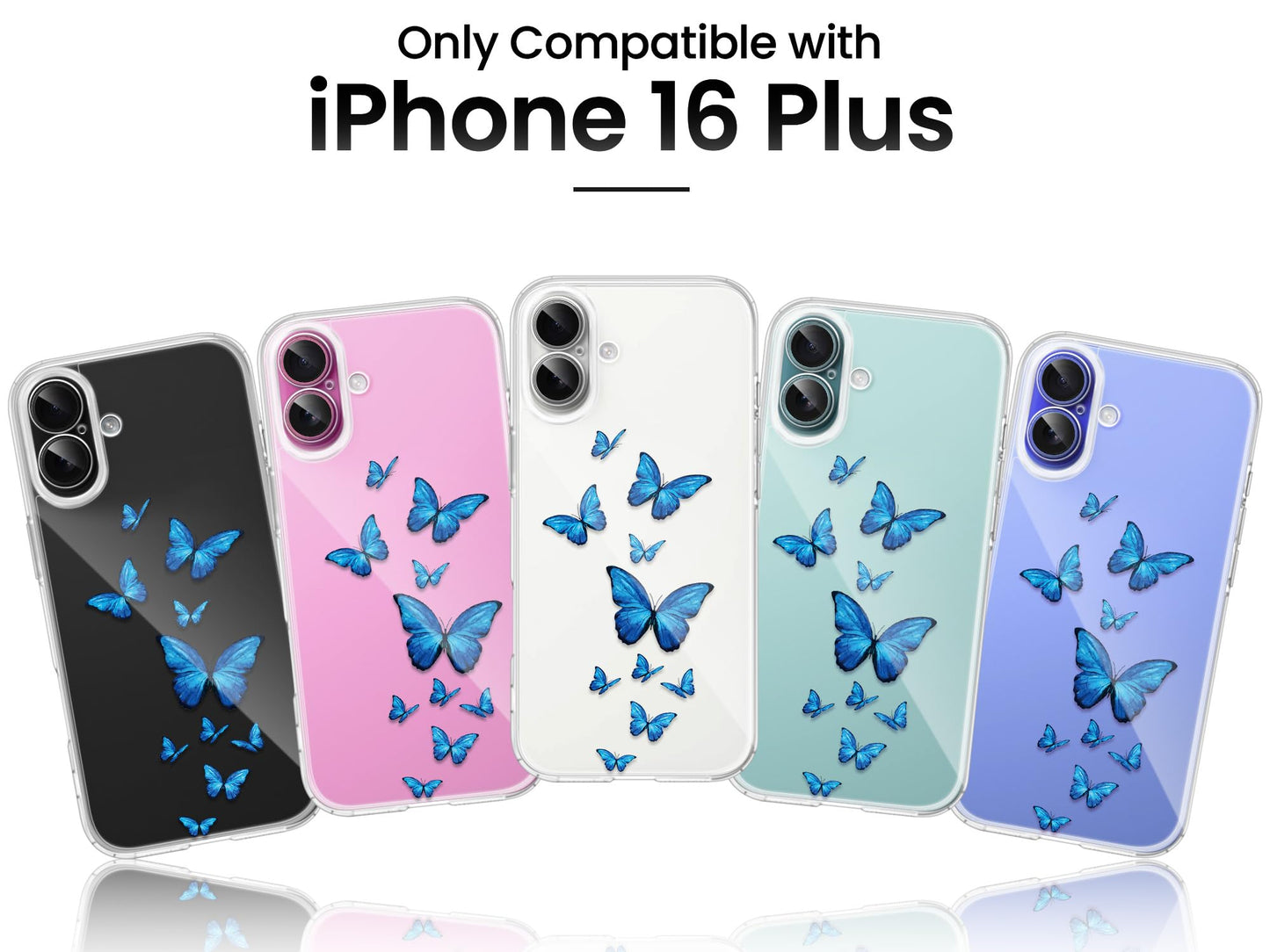 Cute Girly Crystal Clear Case Compatible with iPhone 16 Pro, Camera Control & Shockproof Protection Floral Case for Women, Blue Butterflies WN420