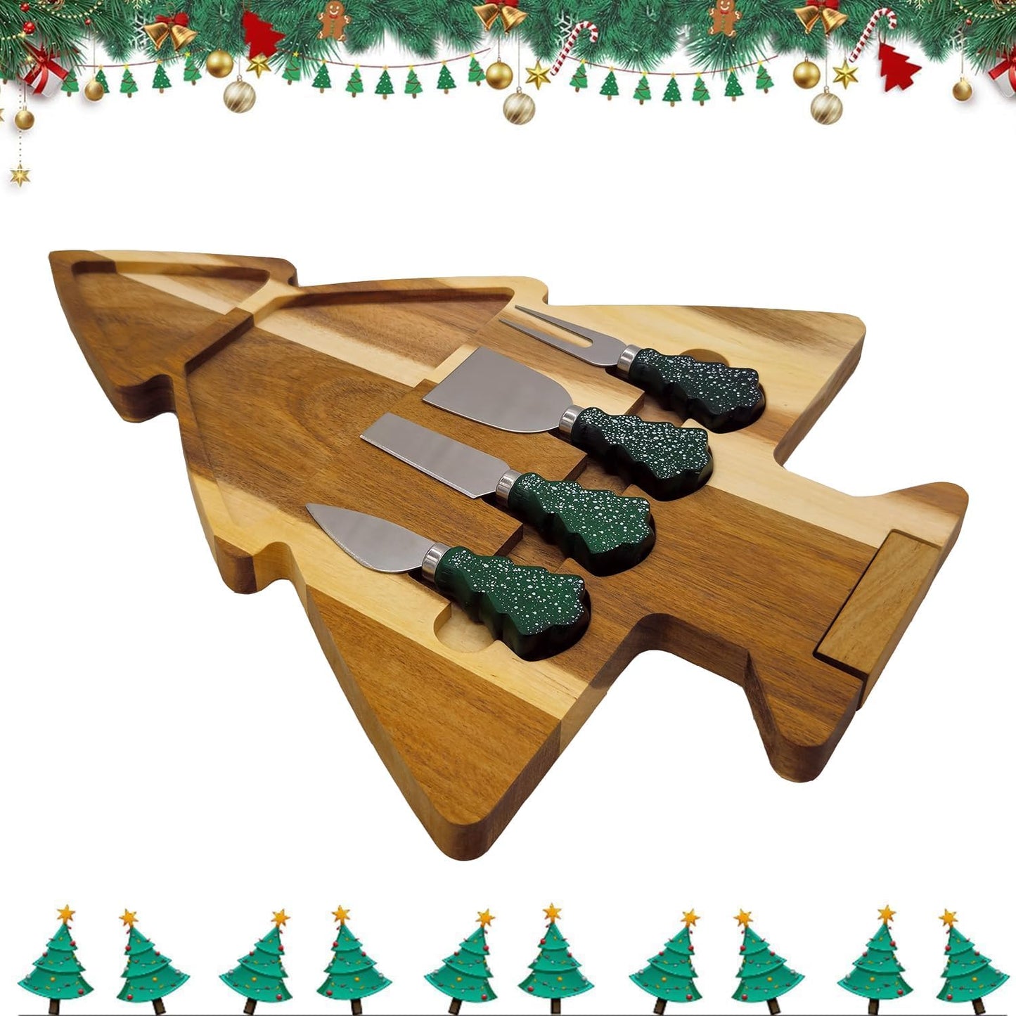 17.3'' Xmas Tree Charcuterie Board Set – Dual-Side Acacia Wood Serving Tray & Cutting Board with 4 Magnetic Knives, Rotating Base – Festive Cheese Platter for Christmas Snacks, Hostess Gift WN420